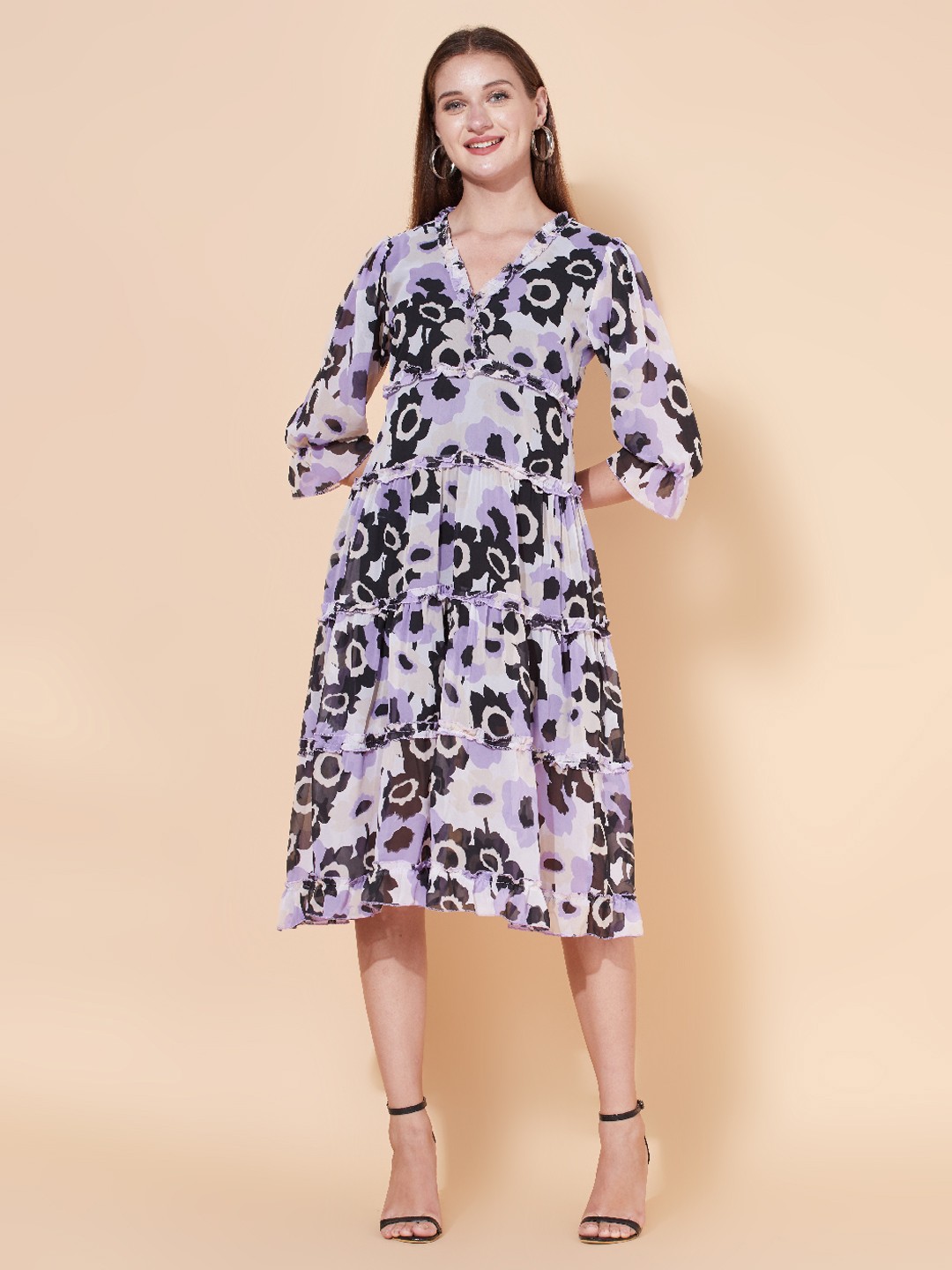 

FASHOR Women Purple & Black Fit And Flare Midi Dress