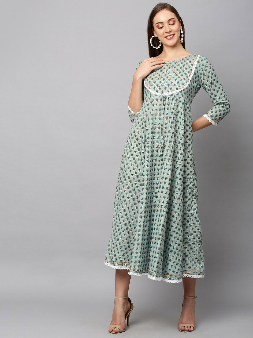 

FASHOR Green Ethnic Motifs A-Line Midi Dress