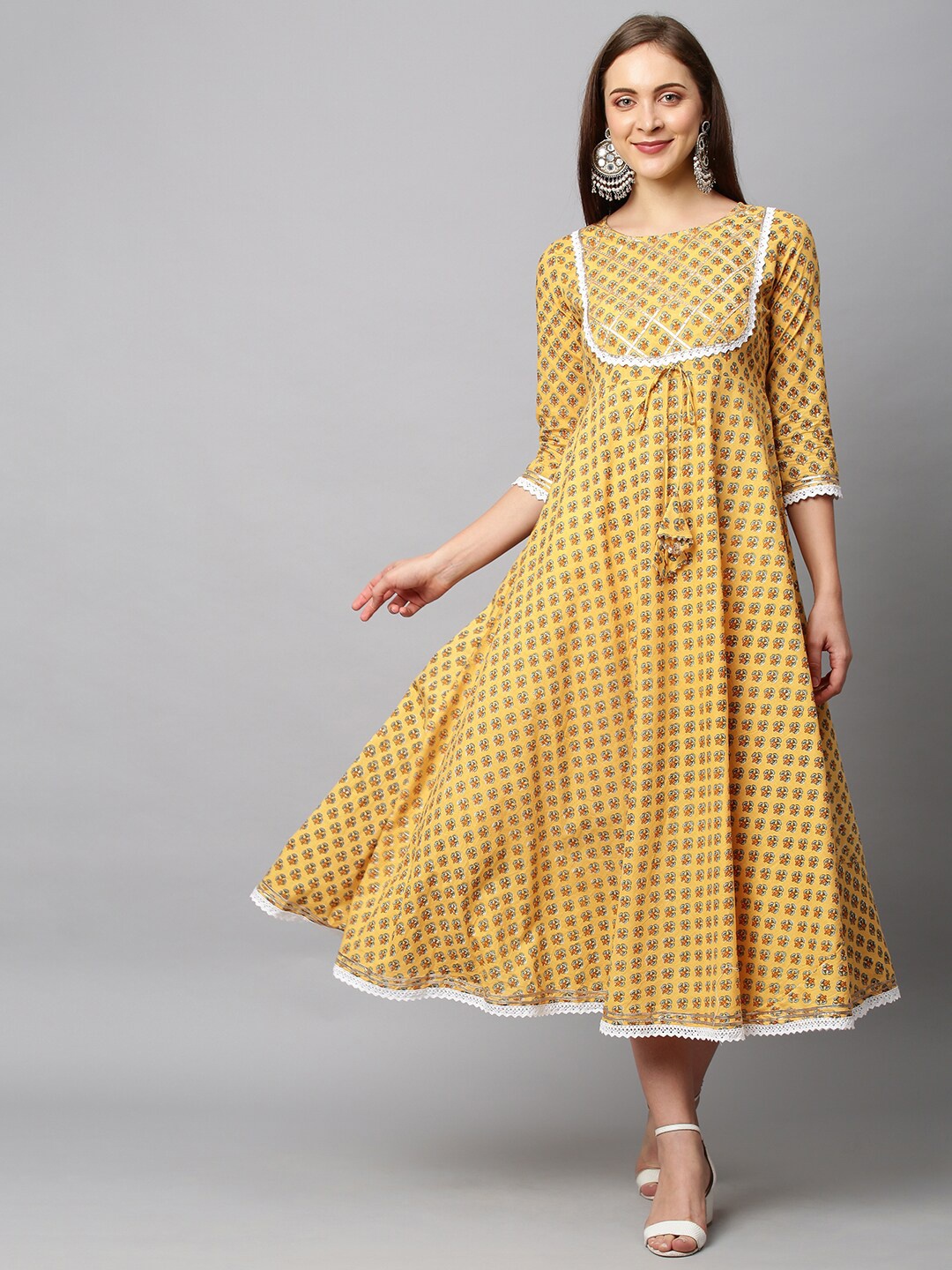 

FASHOR Yellow Ethnic Motifs A-Line Midi Dress