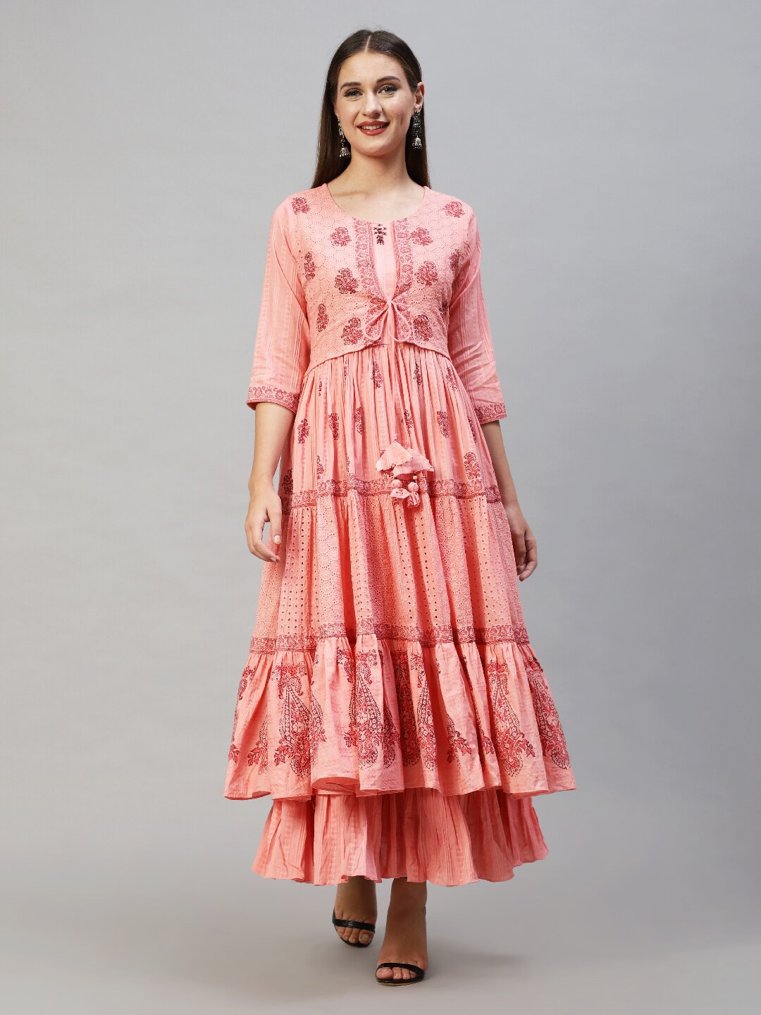 

FASHOR Peach-Coloured Floral Tie-Up Neck Layered Maxi Dress