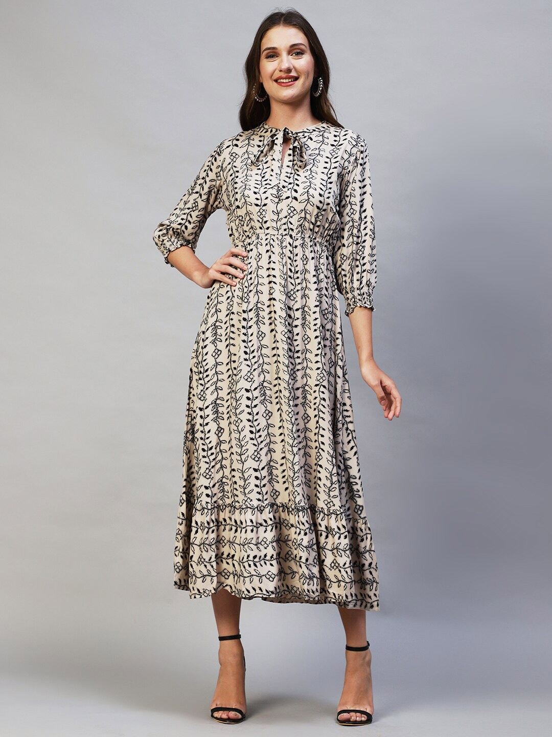 

FASHOR Beige Ethnic Motifs Tie-Up Neck A-Line Midi Dress