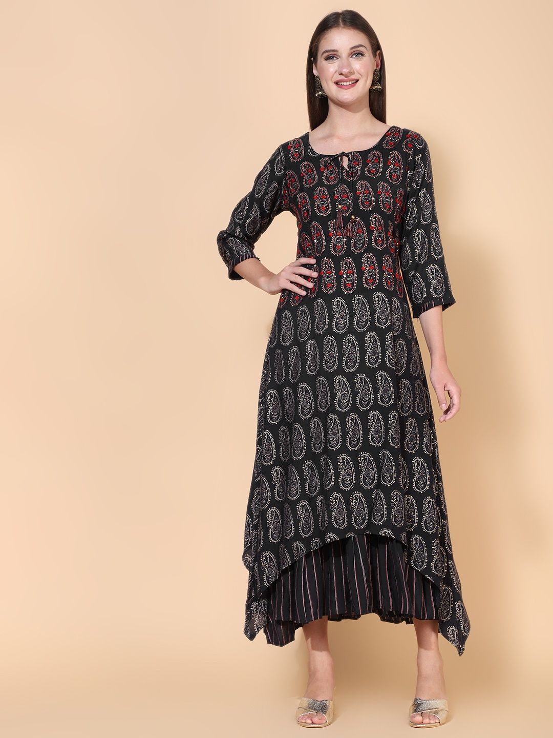 

FASHOR Black Ethnic Motifs Layered A-Line Maxi Dress