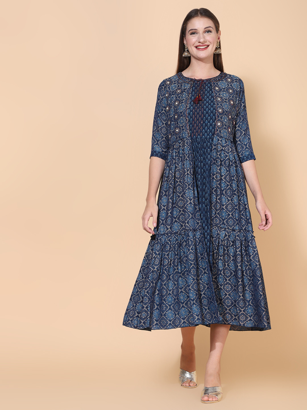 

FASHOR Blue Ethnic Motifs A-Line Maxi Dress