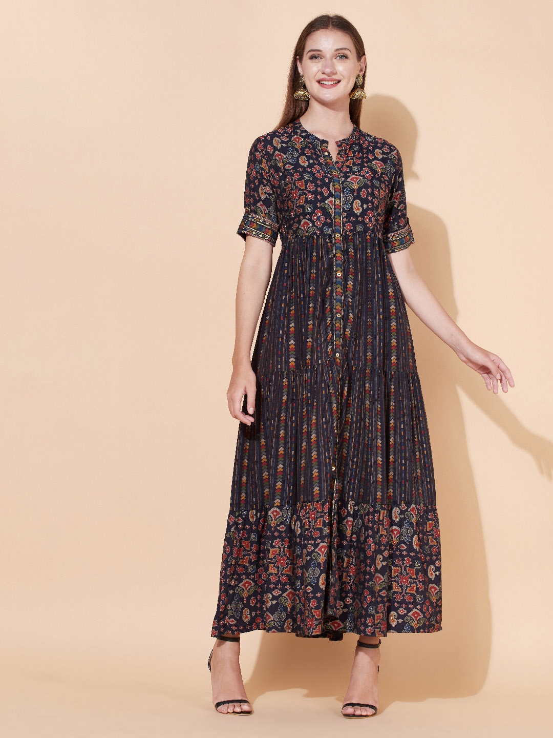 

FASHOR Navy Blue Hand Embroidered Floral Sheath Dress