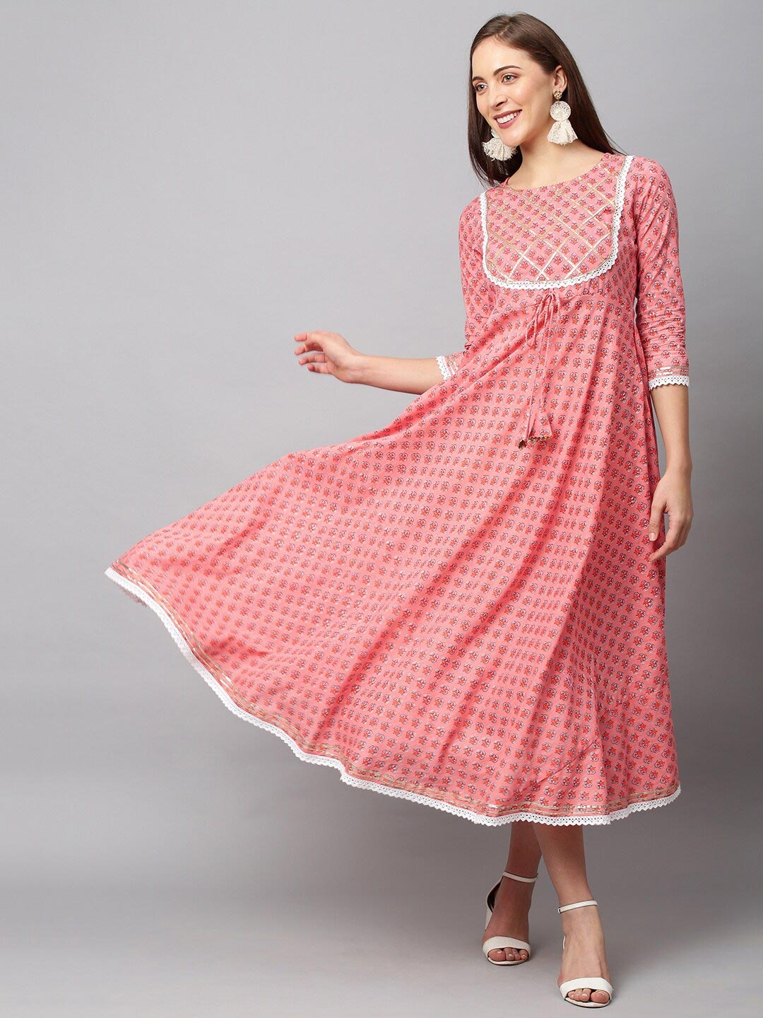 

FASHOR Peach-Coloured Ethnic Motifs A-Line Midi Dress