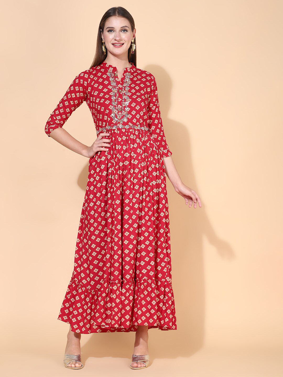 

FASHOR Red & Beige Floral Mirror Work Embroidered Ethnic Maxi Dress