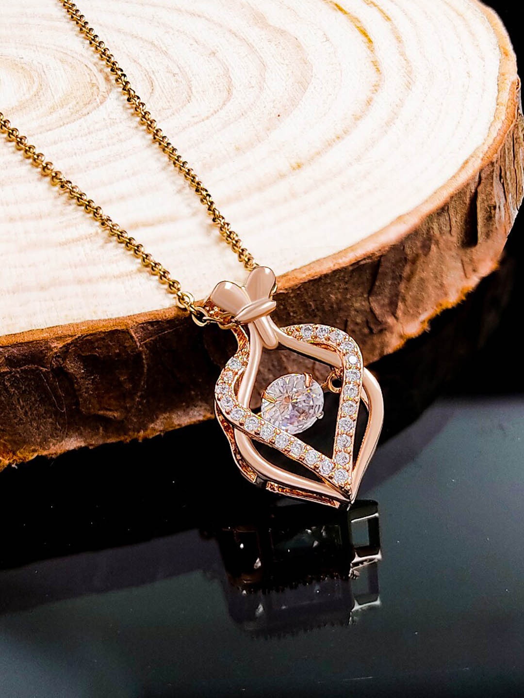 

Saizen Women Rose Gold-Plated & White AD-Studded Pendant With Chain