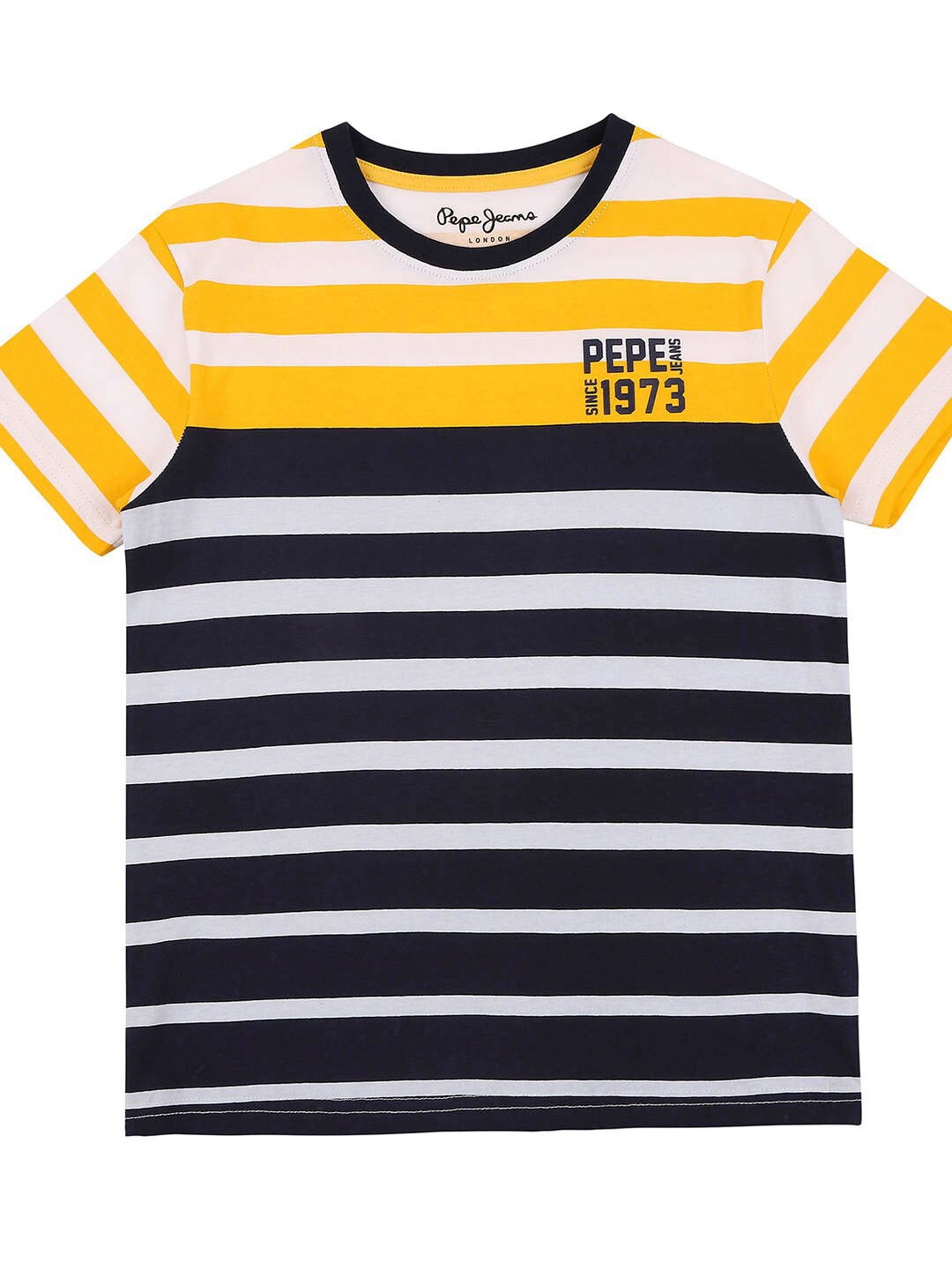 

Pepe Jeans Boys Yellow & Black Striped Drop-Shoulder Sleeves T-shirt