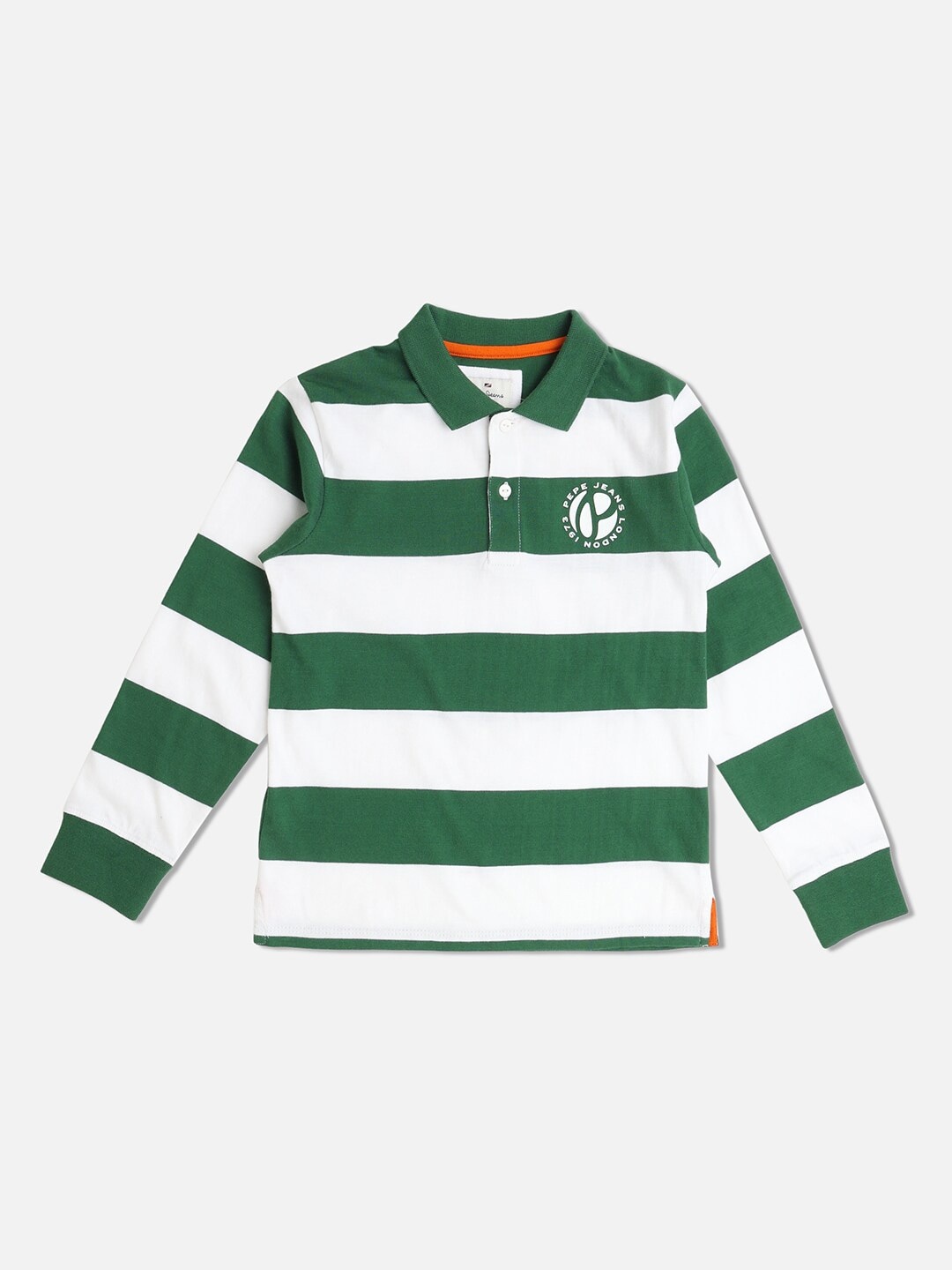 

Pepe Jeans Boys Green & White Striped Polo Collar T-shirt