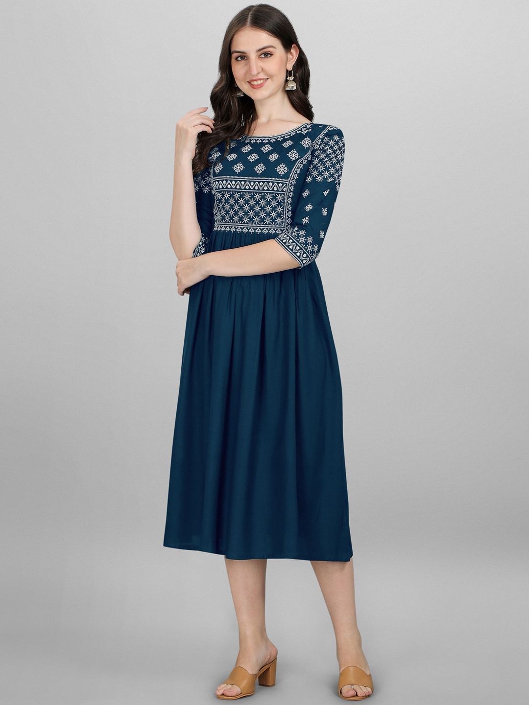 

FabFairy Women Blue Geometric Yoke Design Anarkali Kurta