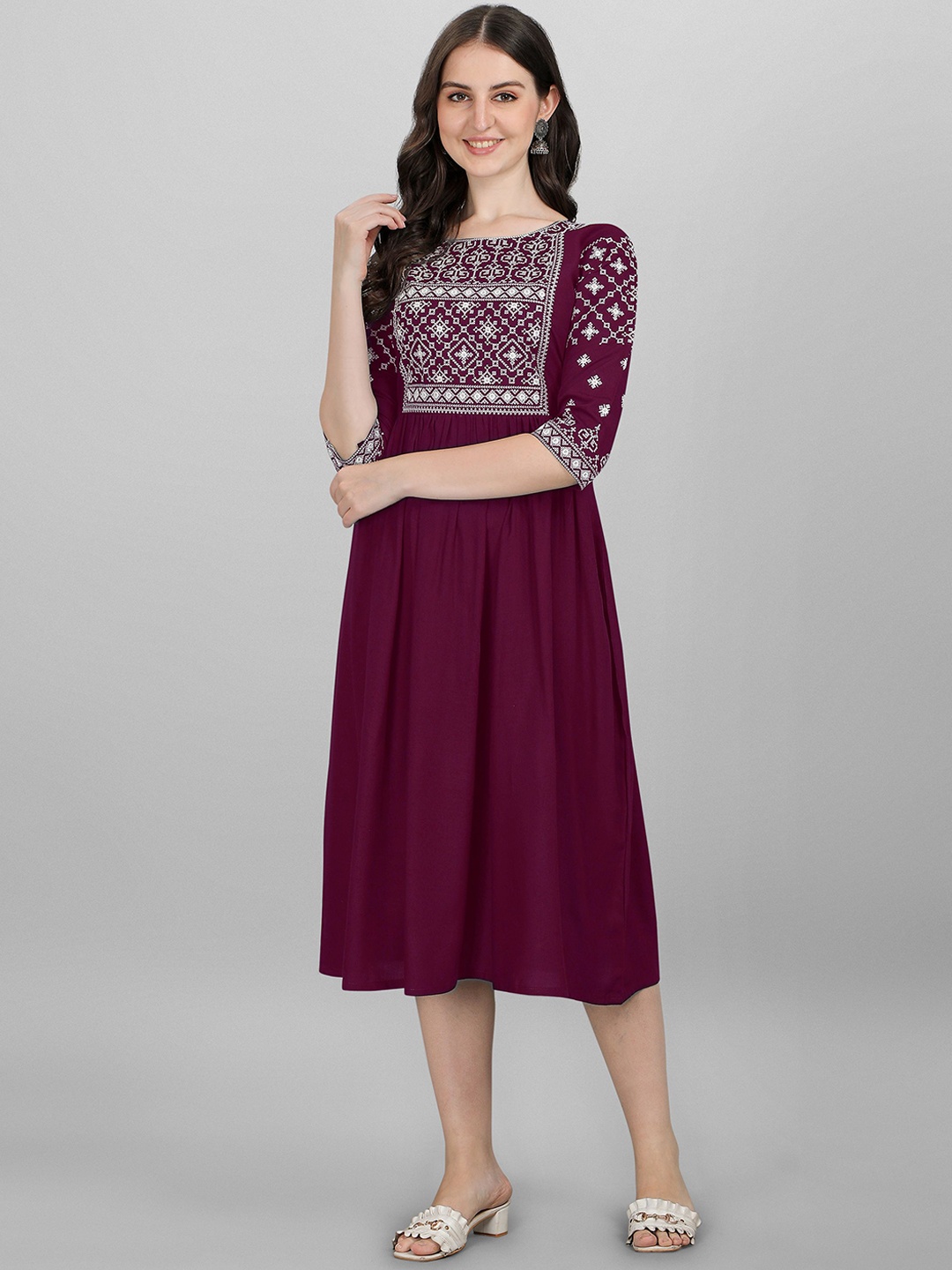 

FabFairy Women Burgundy Ethnic Motifs Yoke Design Anarkali Kurta