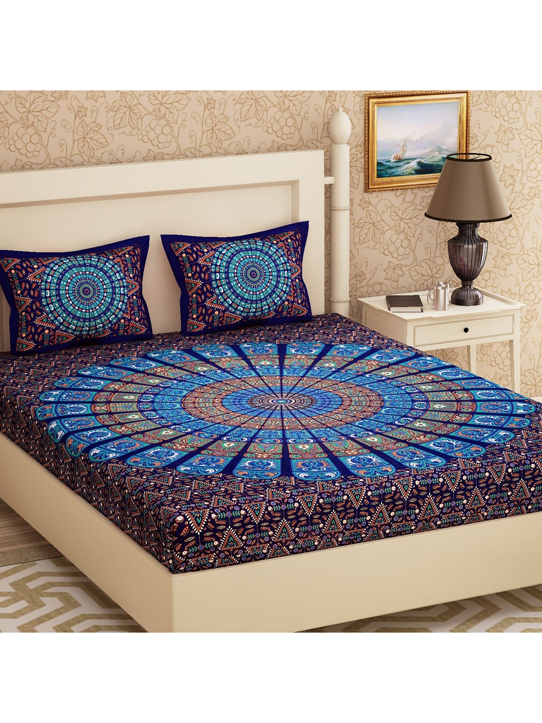 

Urban Magic Blue & Orange 104 TC Queen Bedsheet with 2 Pillow Covers