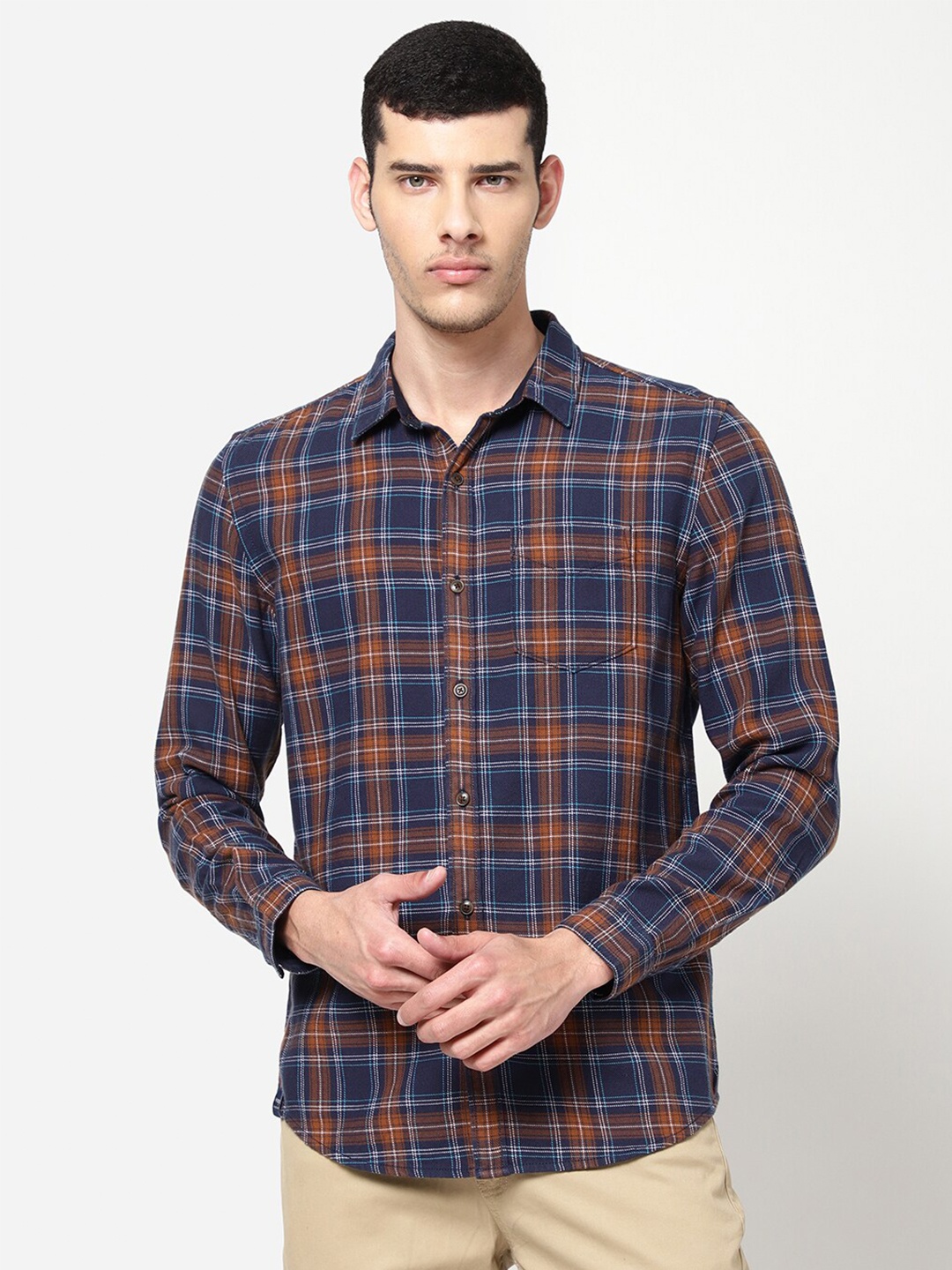 

Wrangler Men Navy Blue Tartan Checks Checked Casual Shirt