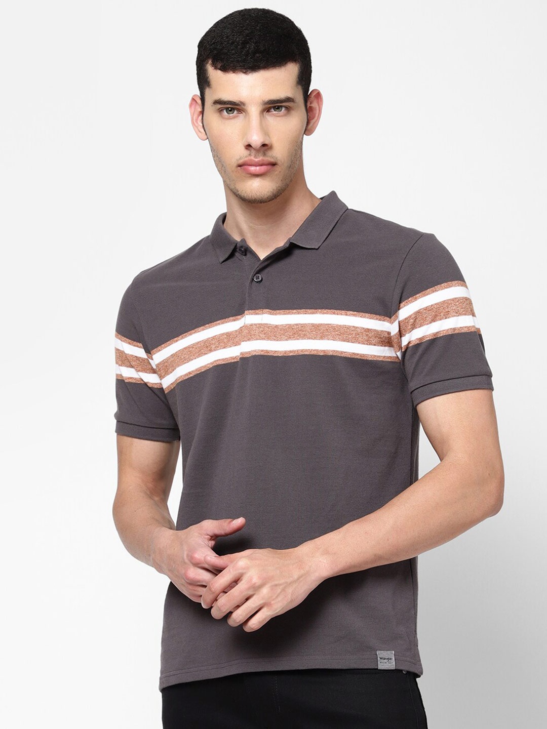 

Wrangler Men Grey Striped Polo Collar T-shirt