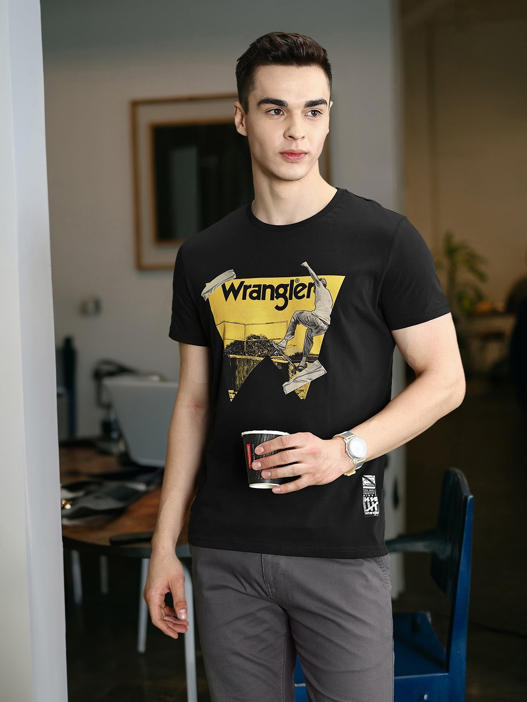 

Wrangler Men Black & Yellow Brand Logo Printed T-shirt