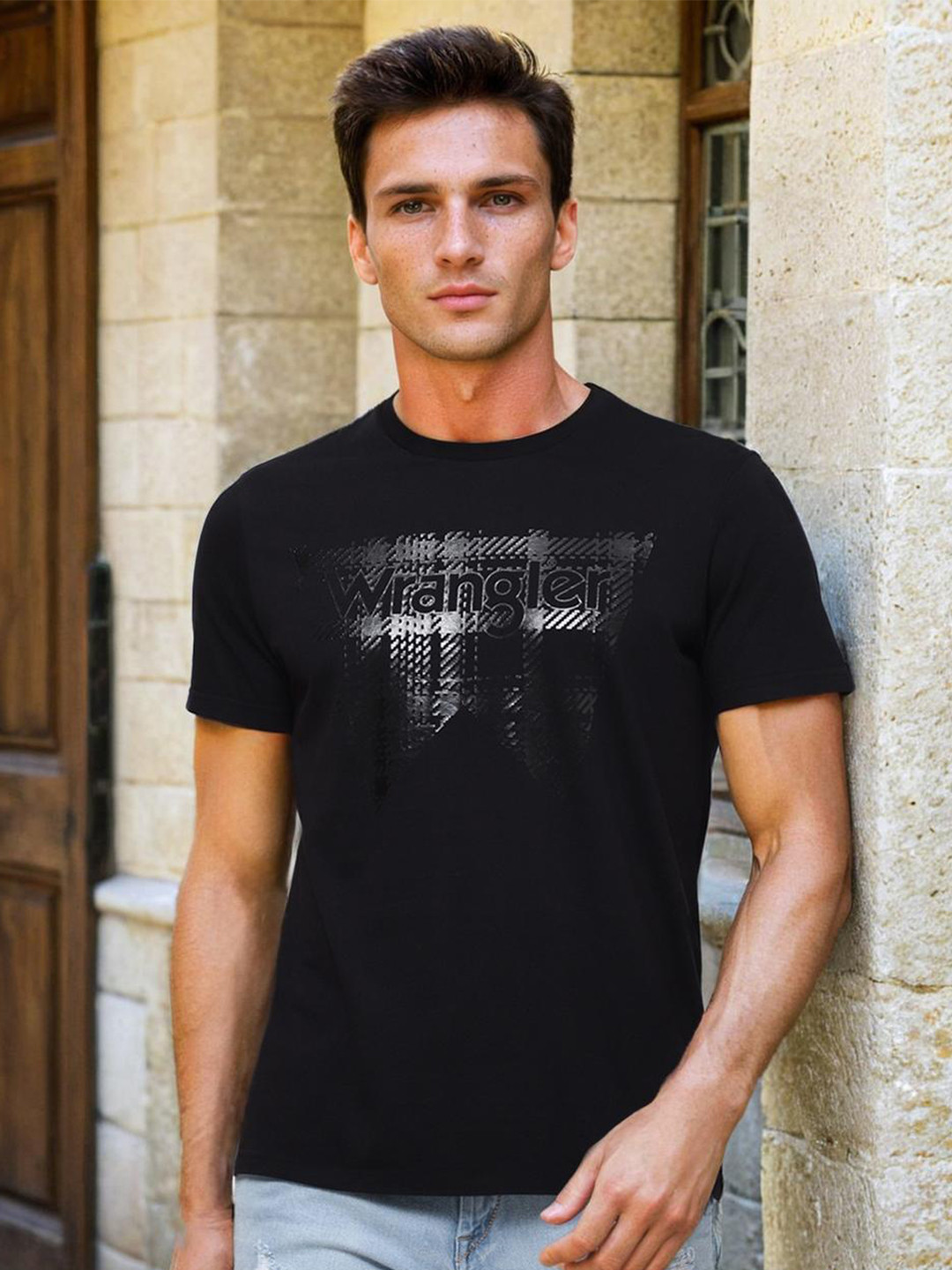 

Wrangler Men Black Brand Logo Printed T-shirt