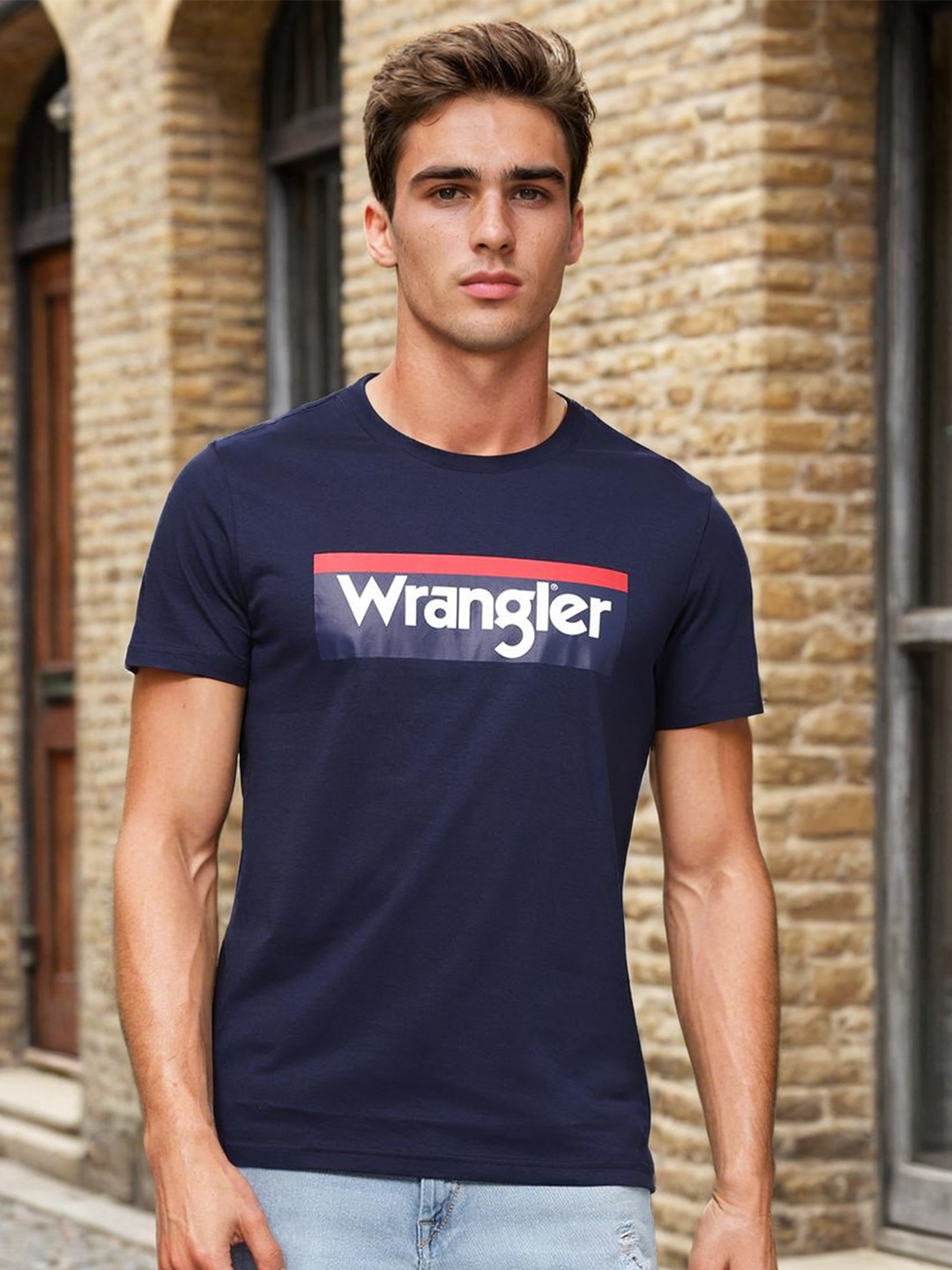 

Wrangler Men Navy Blue Brand Logo Printed T-shirt