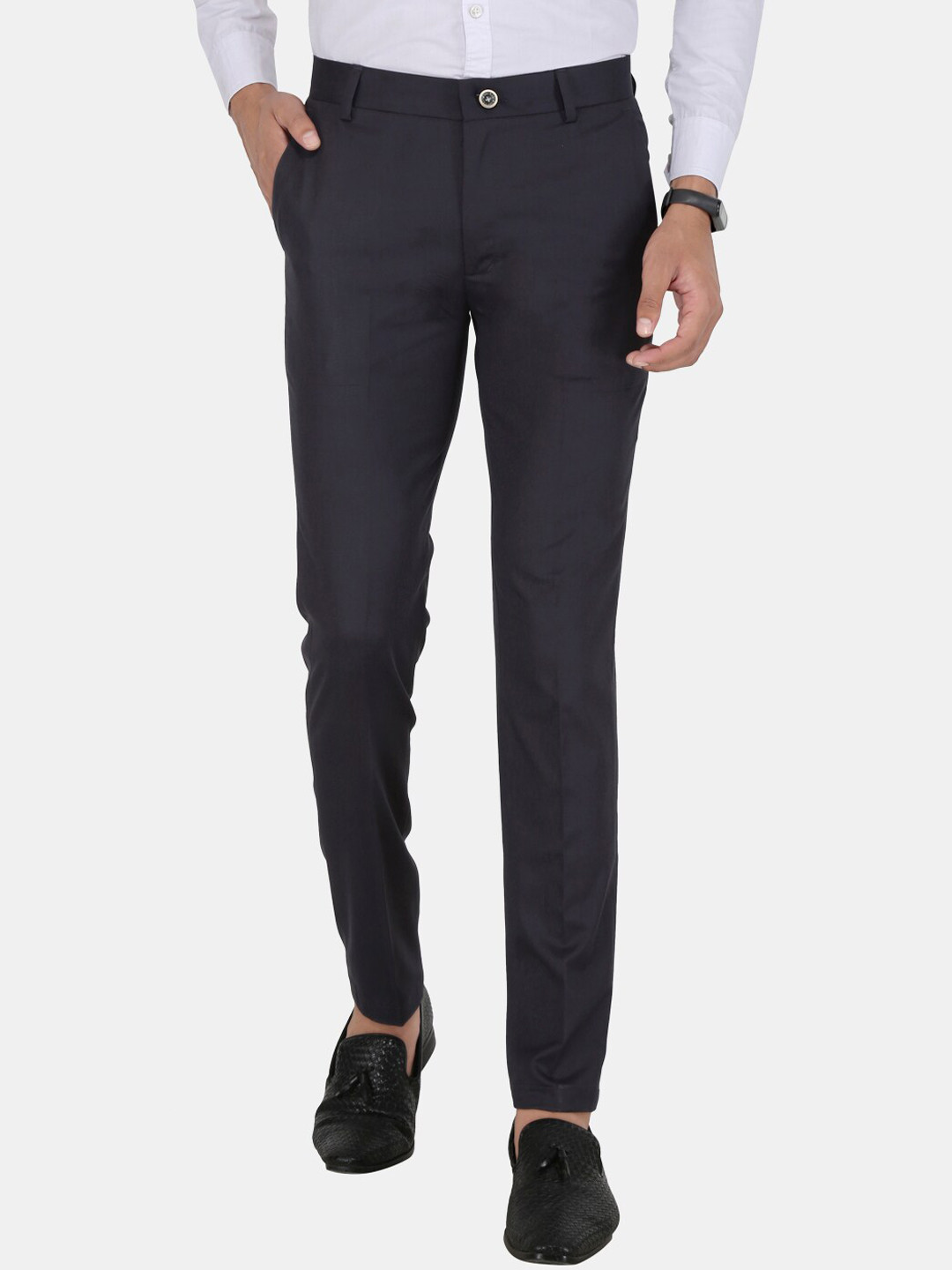 

UNCRAZY Men Navy Blue Urban Slim Fit Pleated Formal Trousers
