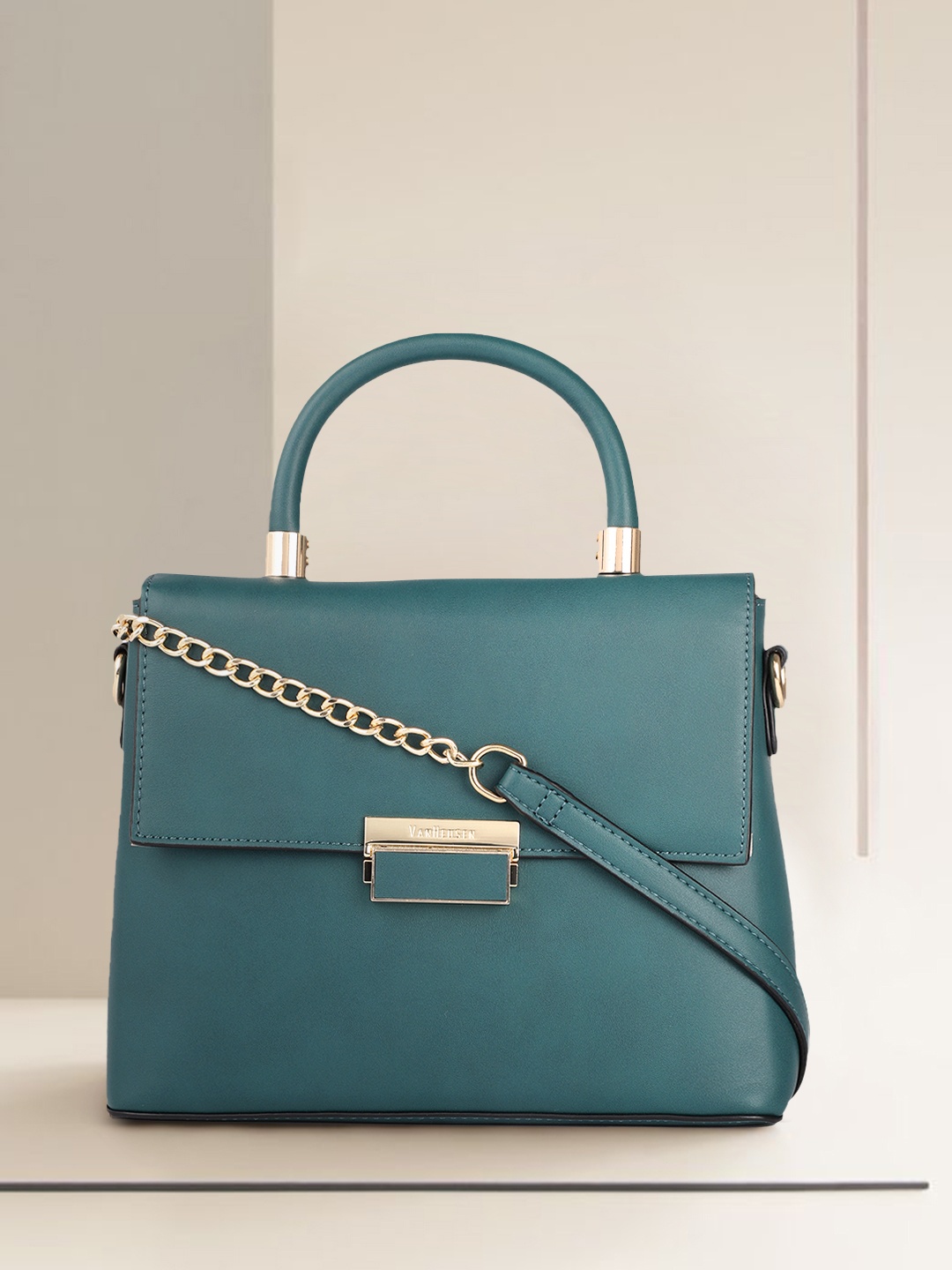 

Van Heusen Teal Green Solid PU Regular Structured Satchel