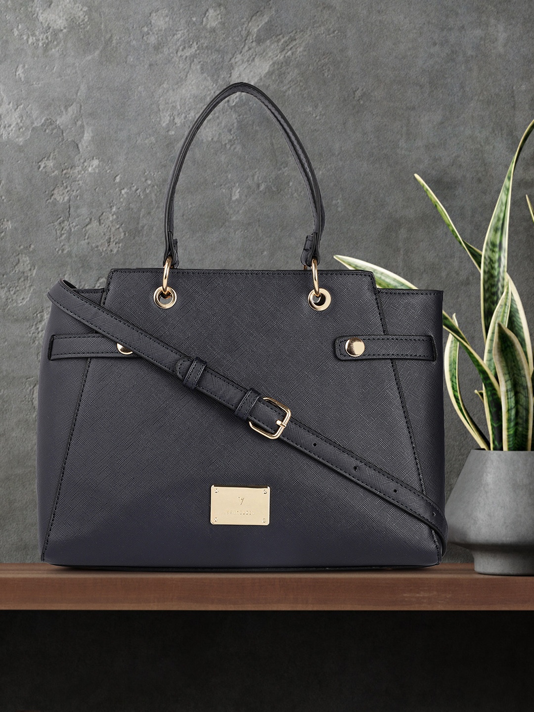 

Van Heusen Navy Blue Solid PU Regular Structured Handheld Bag With Button Detail