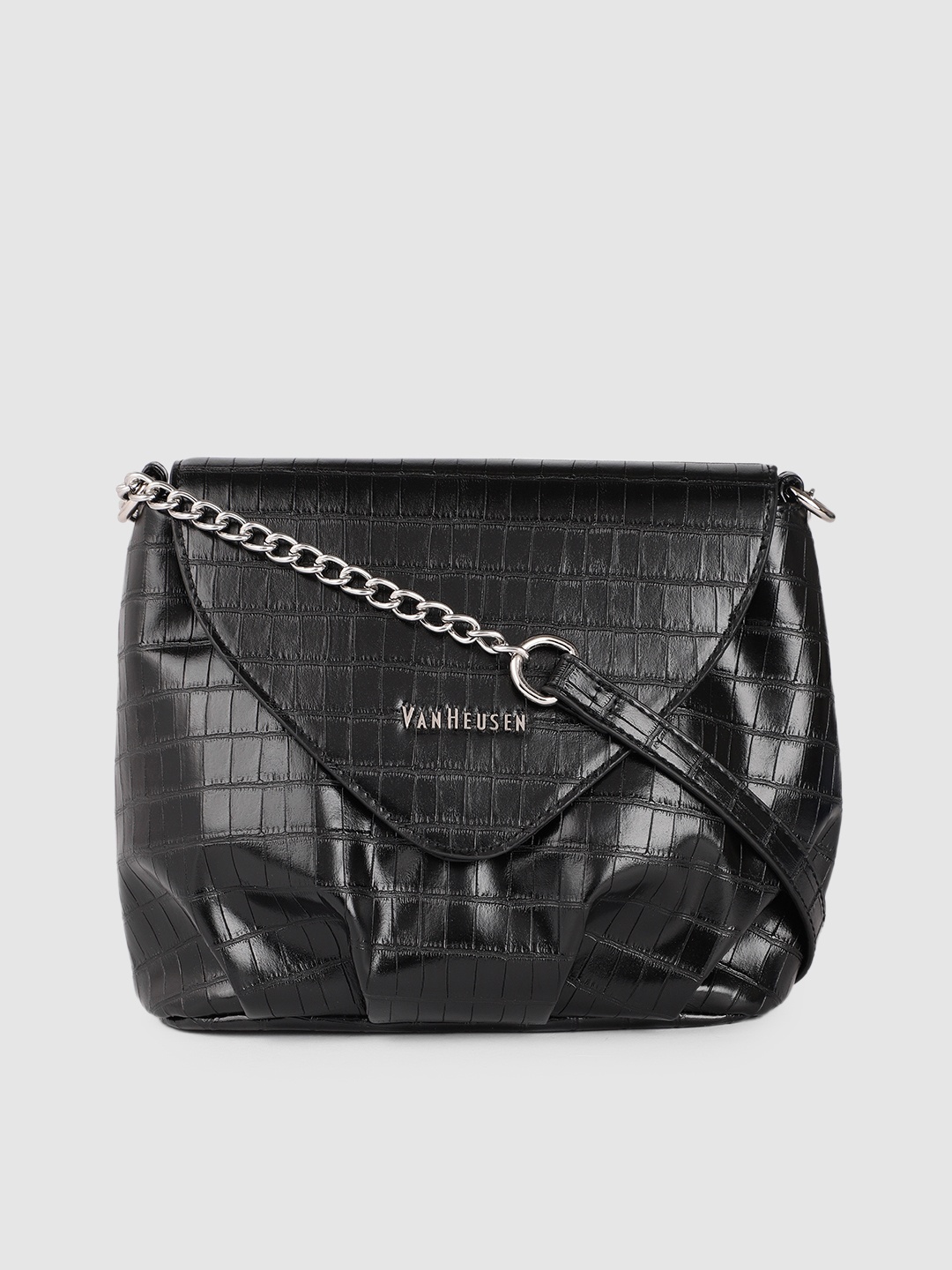 

Van Heusen Black Animal Textured PU Regular Structured Sling Bag With Pleated Detail