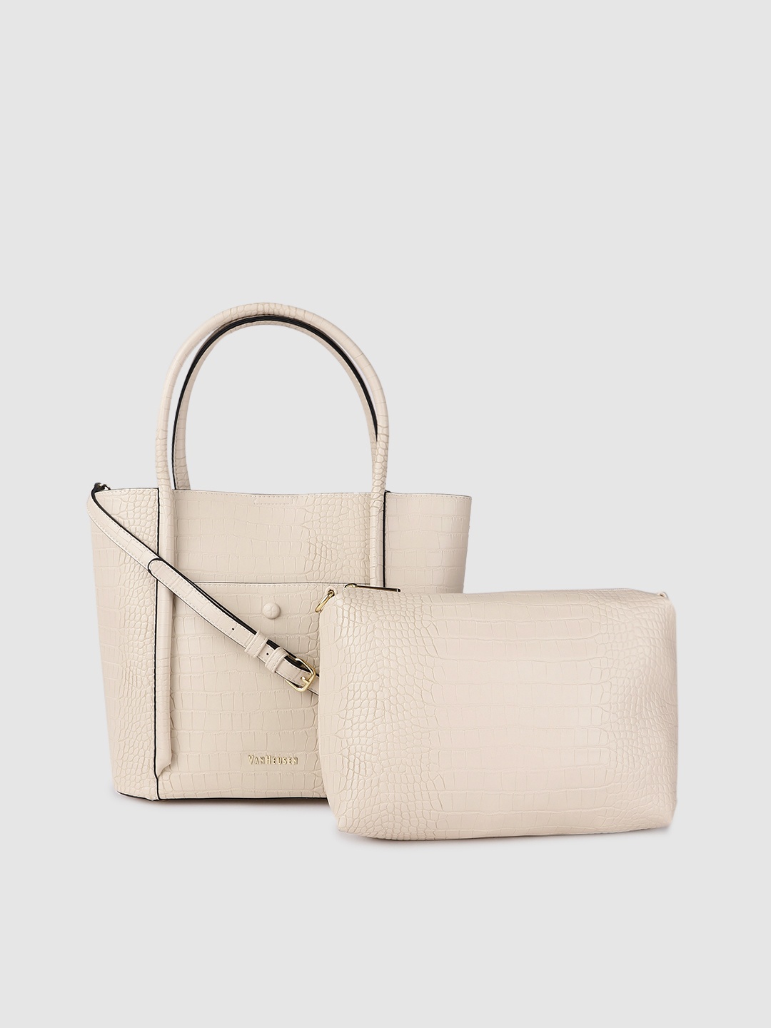 

Van Heusen Off White Croc Textured Handheld Bag with Pouch