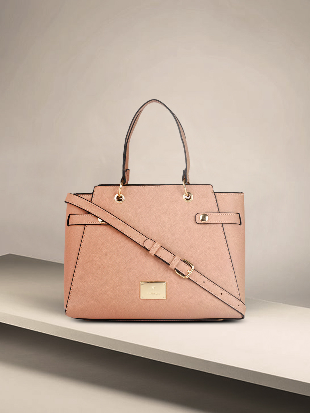 

Van Heusen Nude Pink Solid PU Regular Structured Handheld Bag With Button Detail