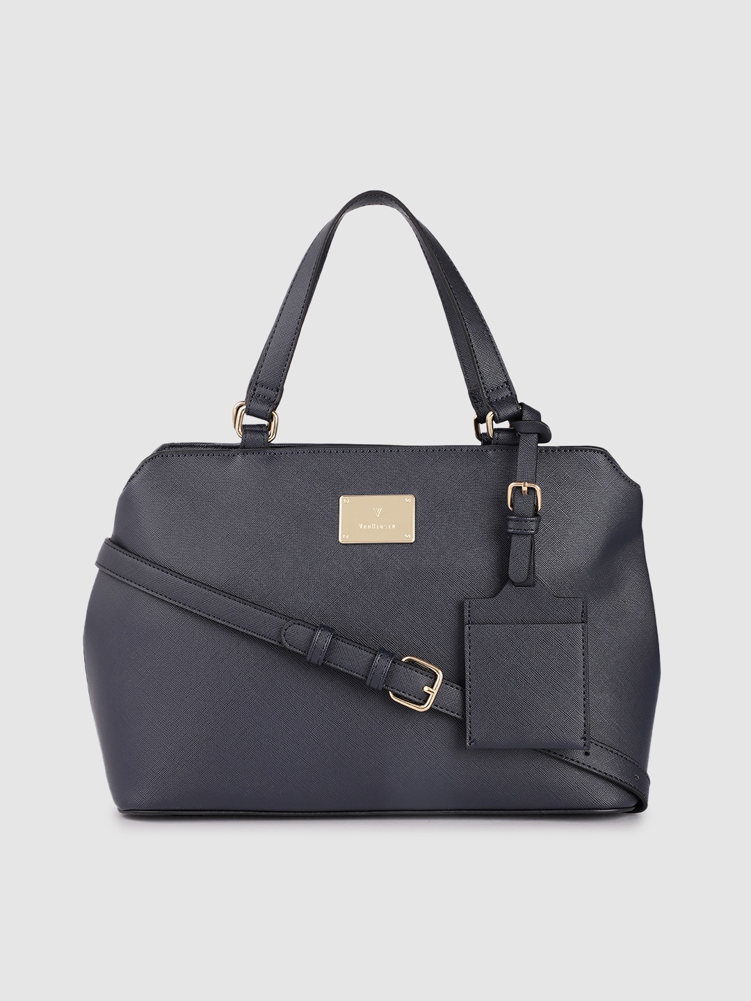 

Van Heusen Navy Blue Solid PU Regular Structured Handheld Bag With A Pouch