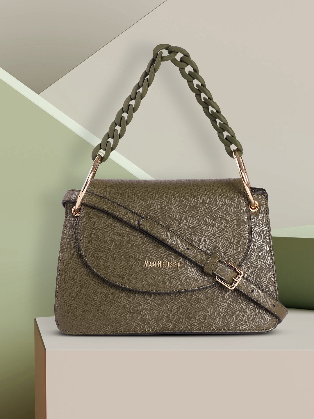 

Van Heusen Olive Green Solid Satchel