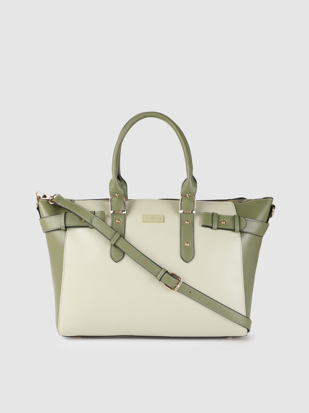 

Van Heusen Women Beige & Olive Green Colourblocked Structured Handheld Bag