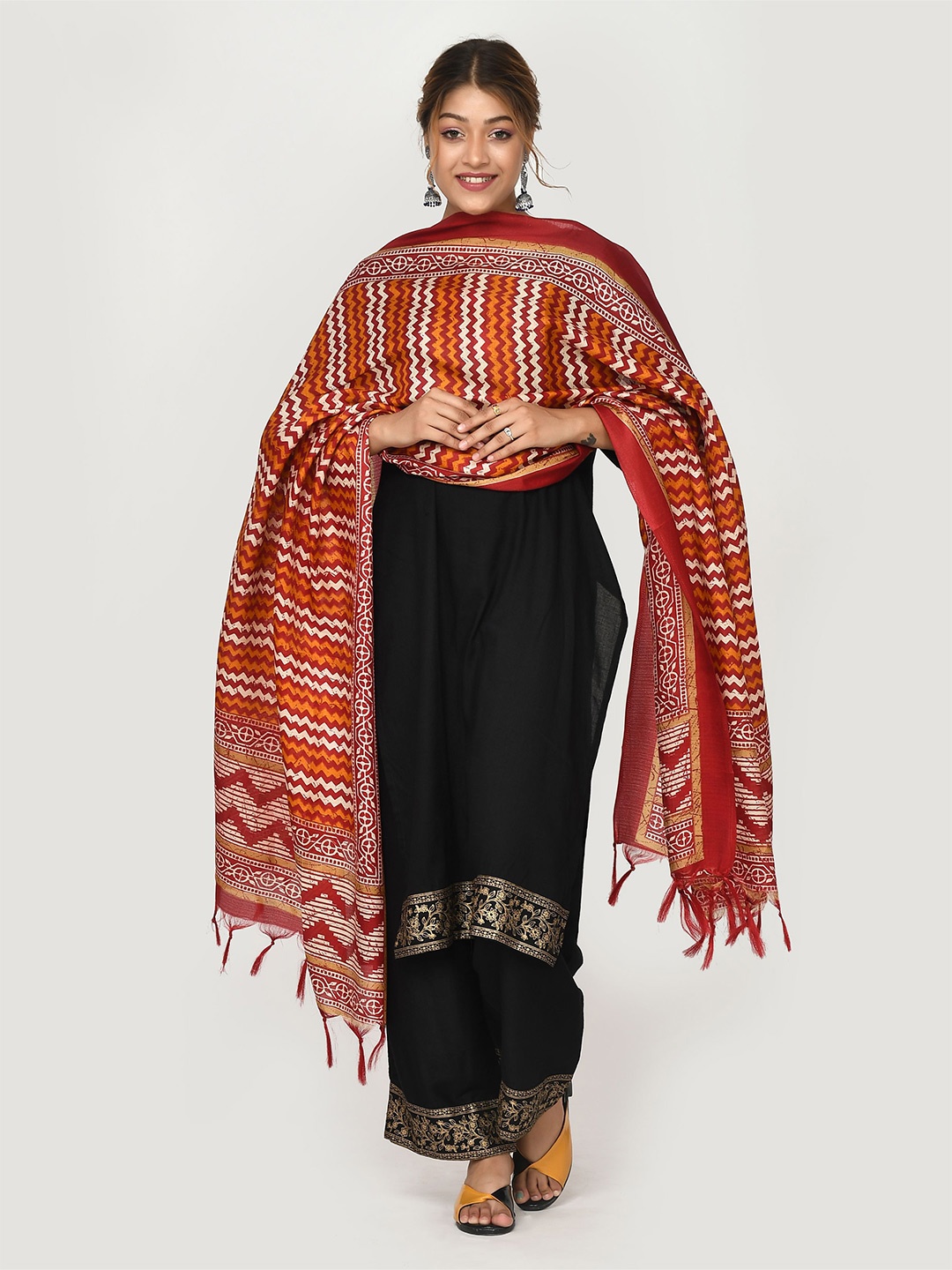 Kesarya Red & Orange Printed Silk Dupatta