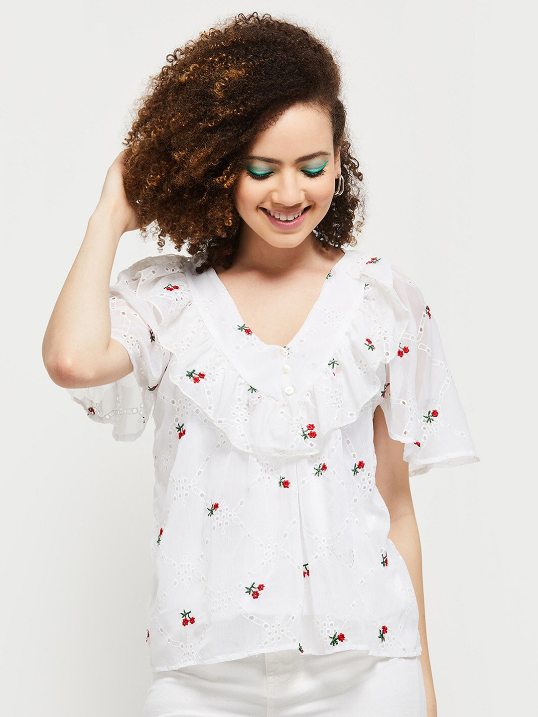 

max Cream-Coloured Ruffled Embroidered Top