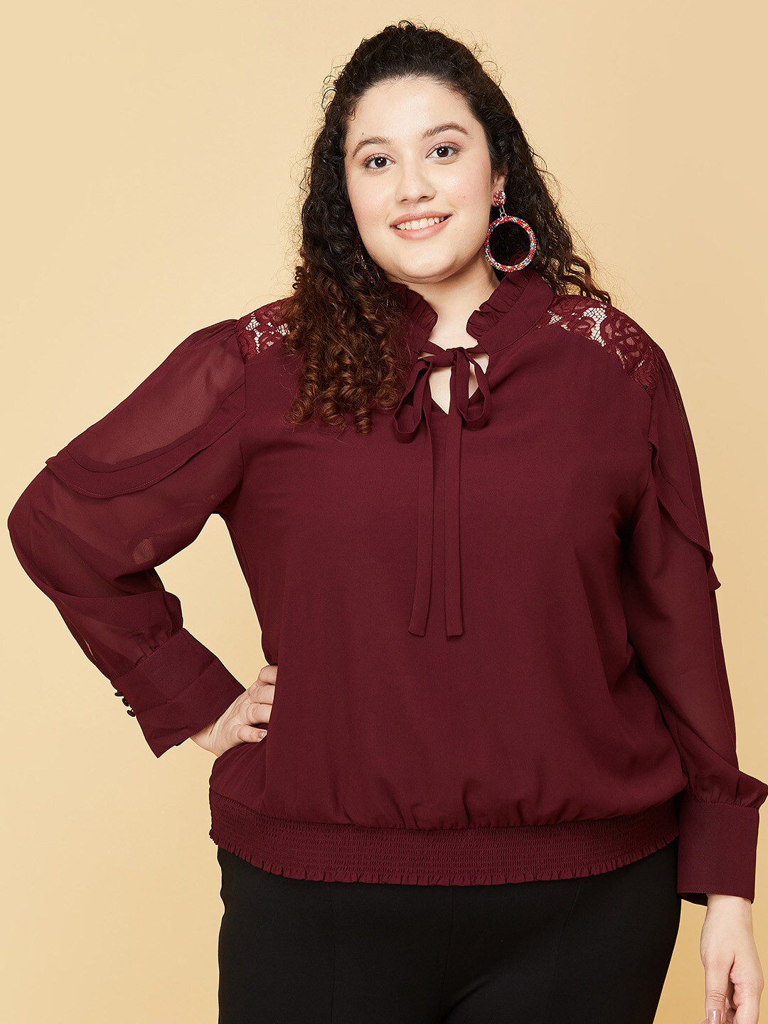 

max Plus Size Maroon Tie-Up Neck Top