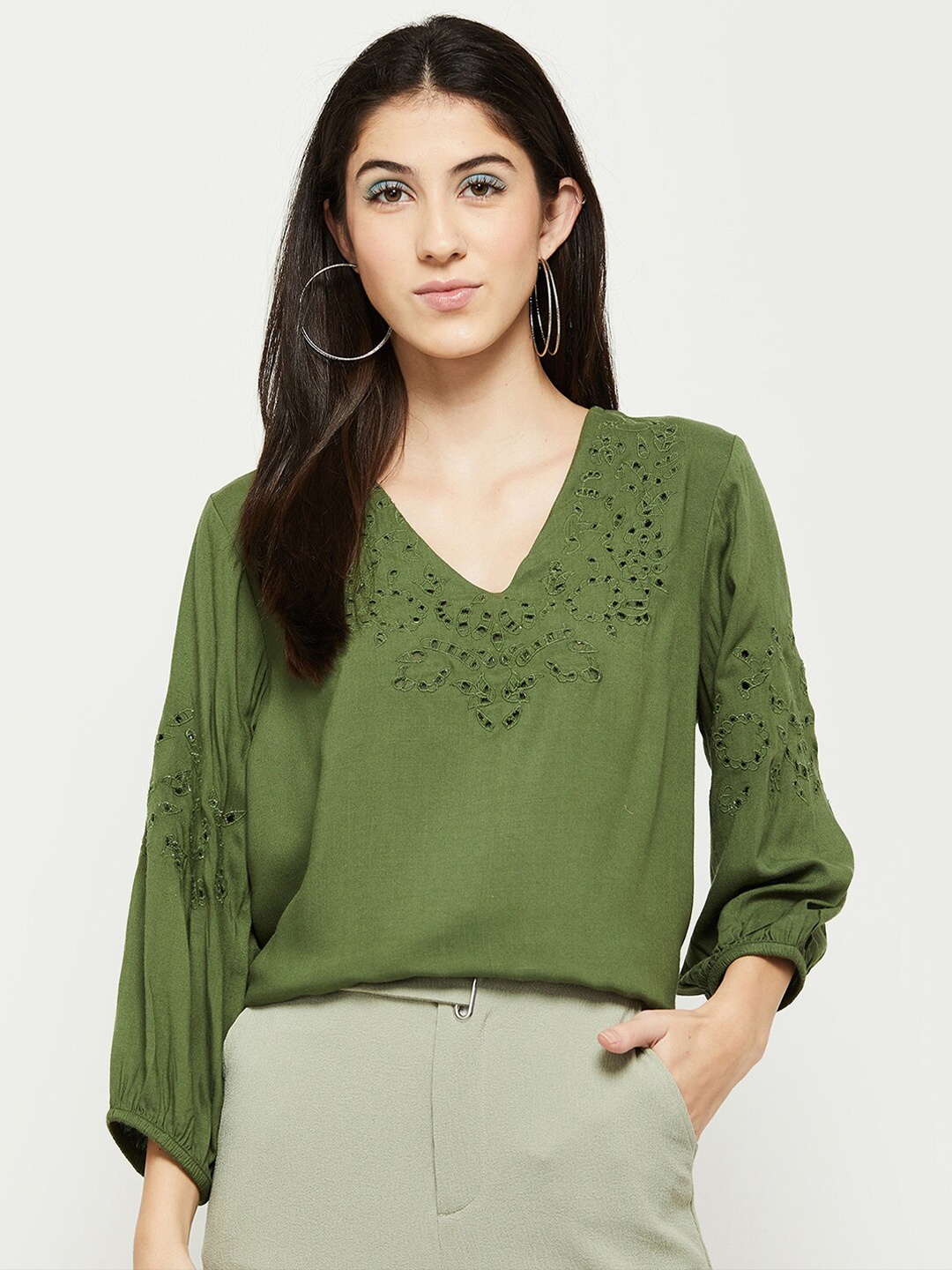 

max Green V-Neck Schiffli Top