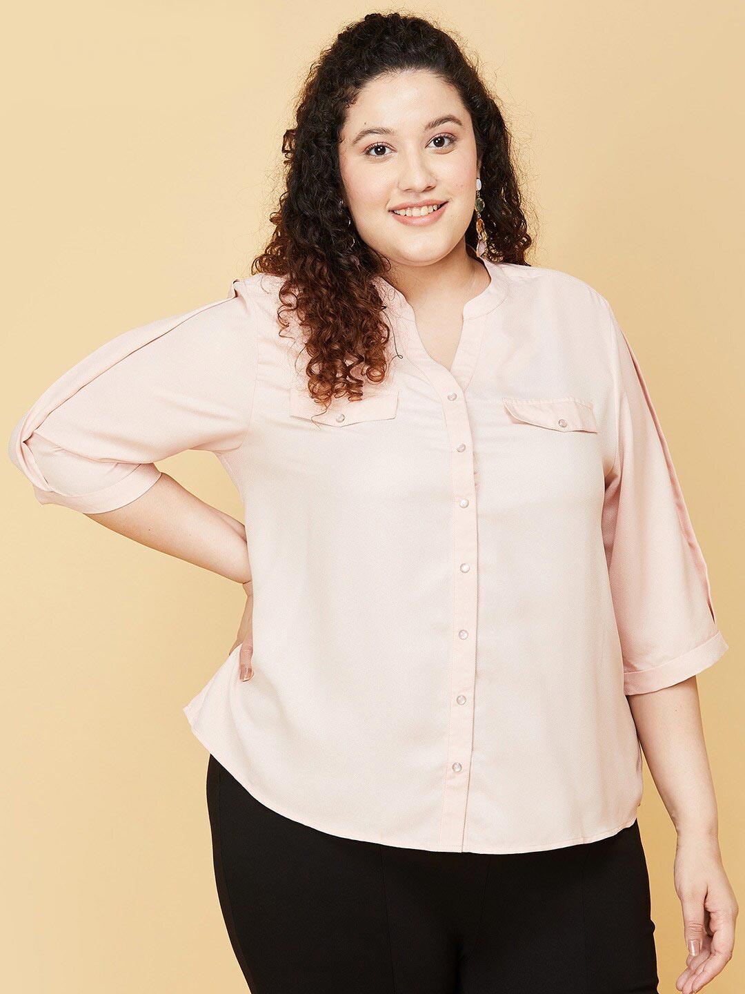 

max Plus Size Women Pink Mandarin Collar Shirt Style Top