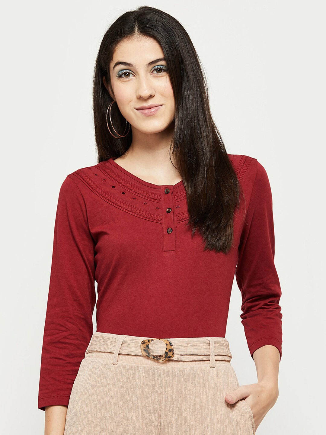 

max Women Red Embroidered Round Neck Top