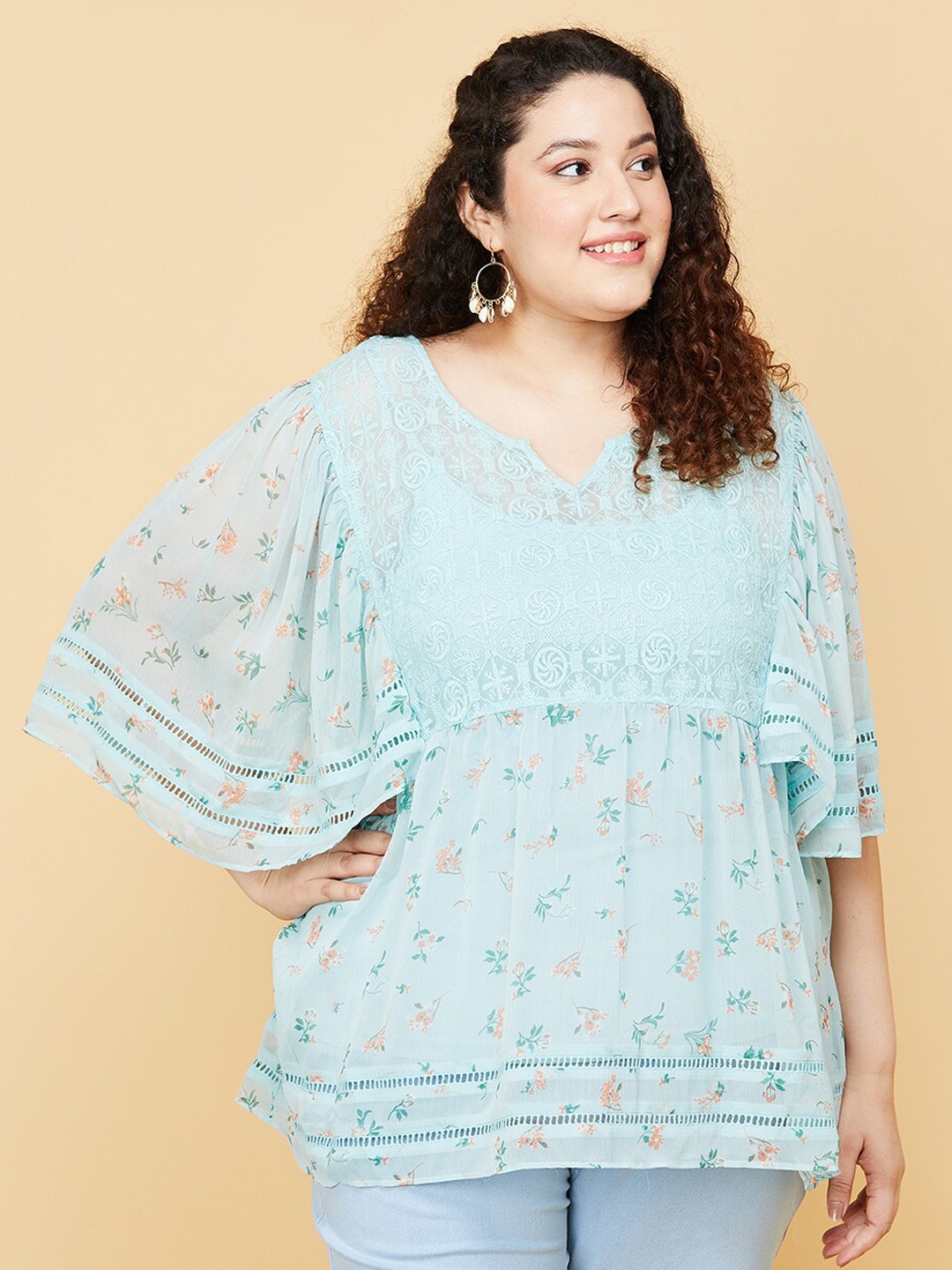 

max Plus Size Women Blue & Orange Floral Printed Top