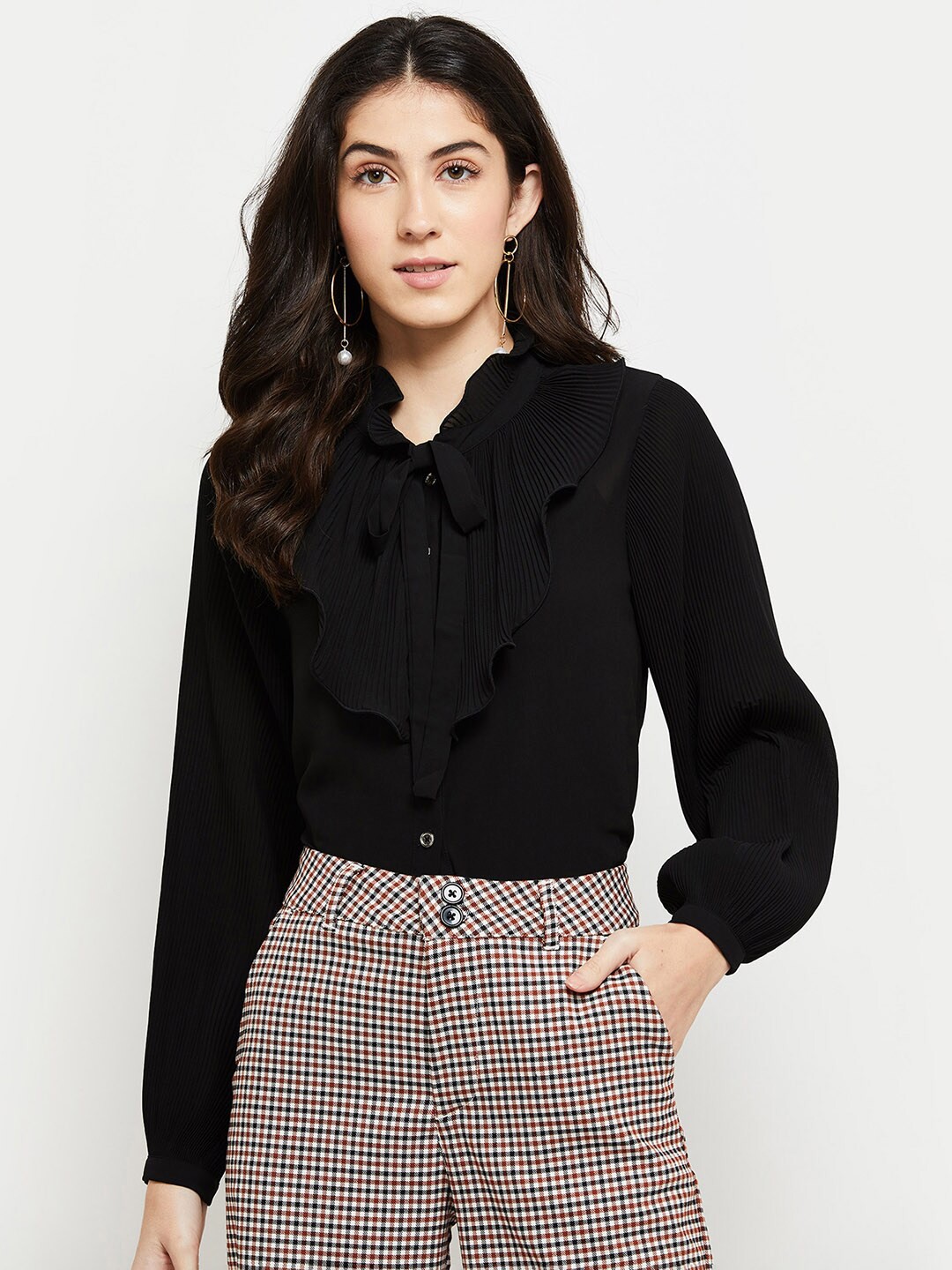 

max Women Black Tie-Up Neck Ruffles Shirt Style Top