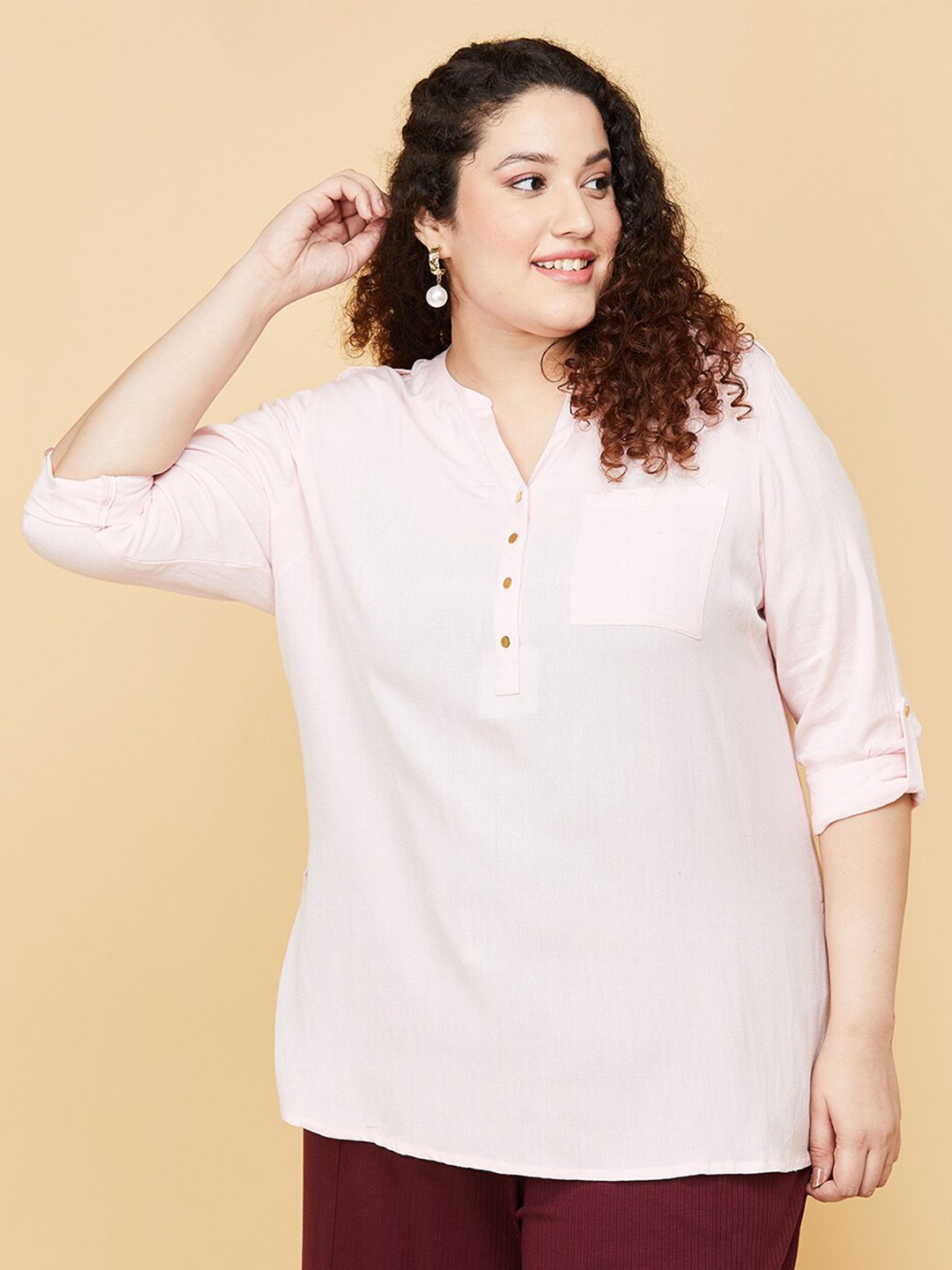 

max Woman Plus Size Pink Mandarin Collar Roll-Up Sleeves Top