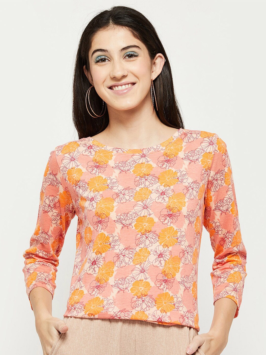 

max Womens Orange Floral Print Top