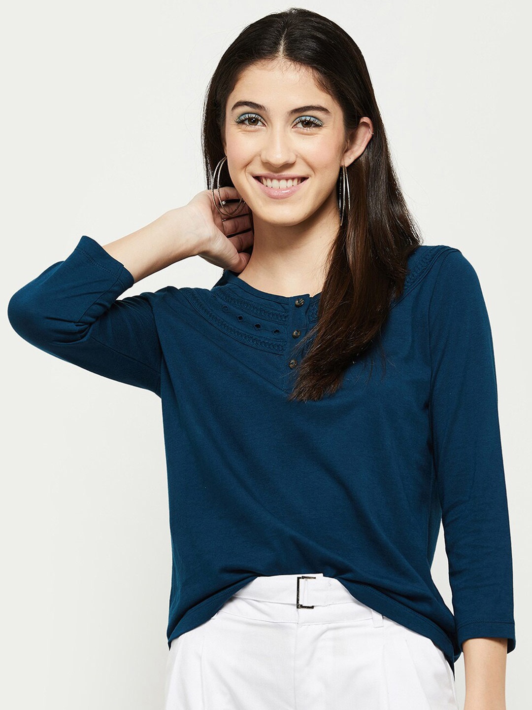 

max Teal Blue Solid Pure Cotton Top