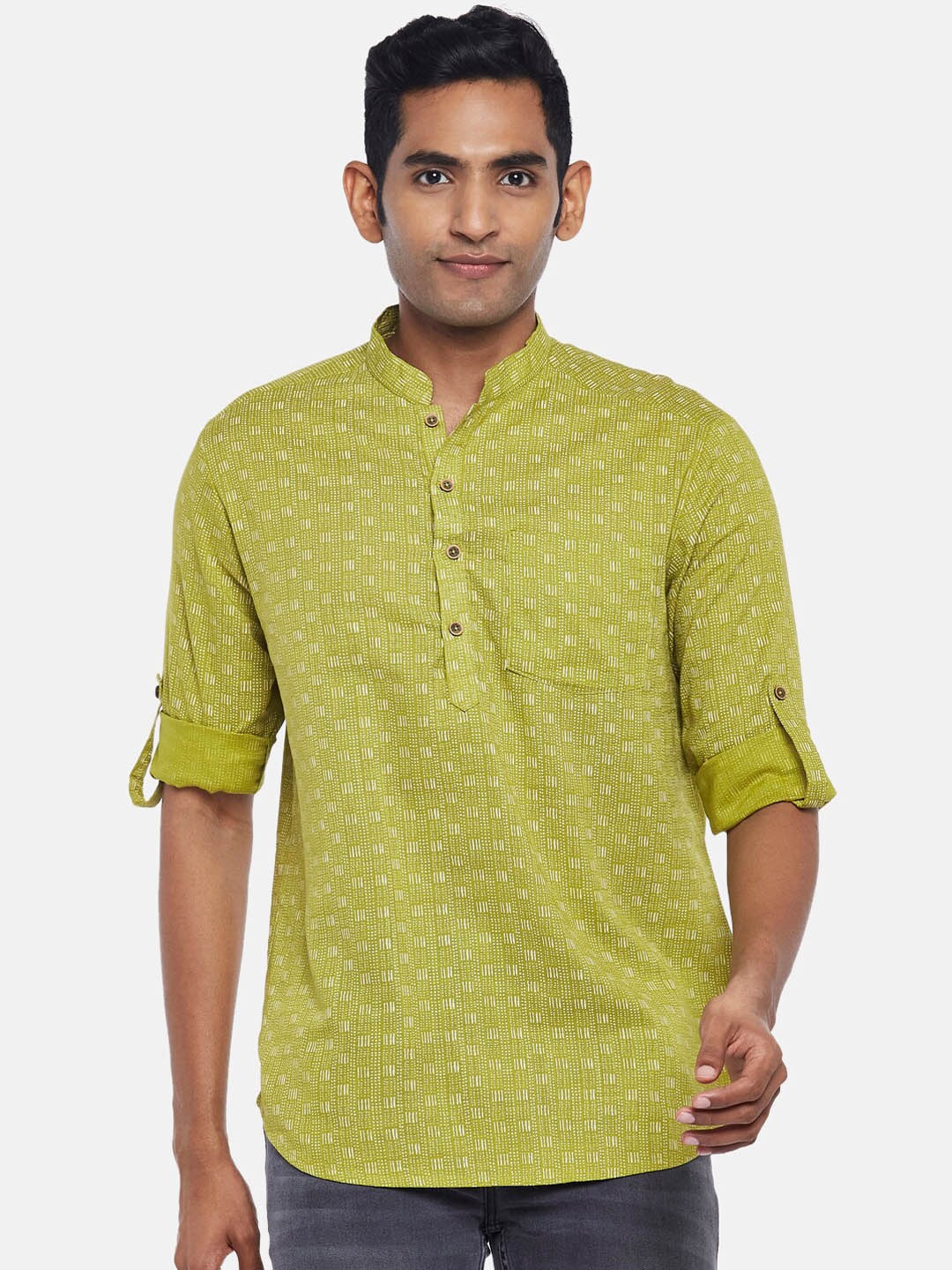 

indus route by Pantaloons Men Lime Green Geometric Thread Work Kurta