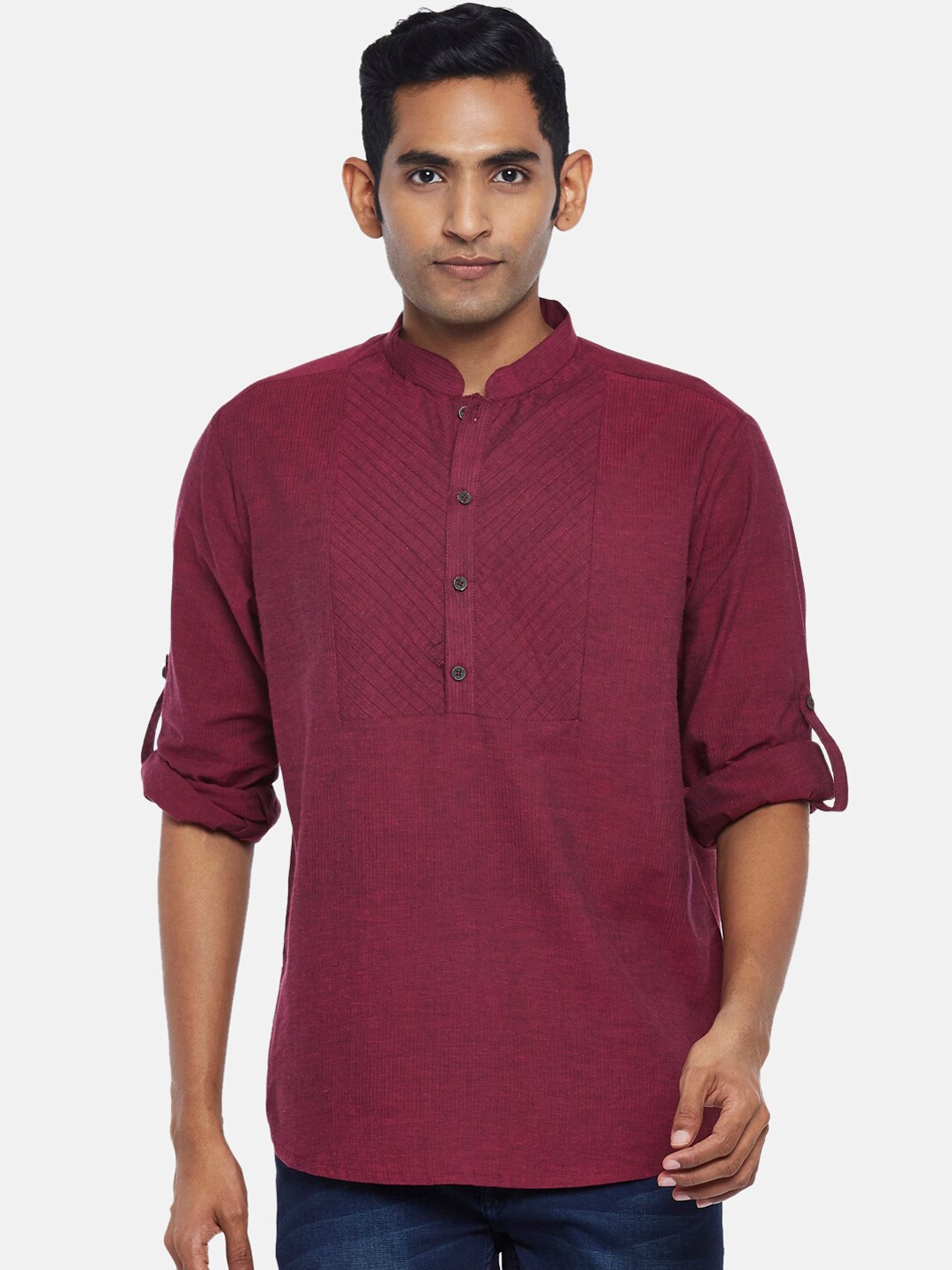 

indus route by Pantaloons Mandarin Collar Pure Cotton Roll-Up Sleeves Straight Kurta, Magenta