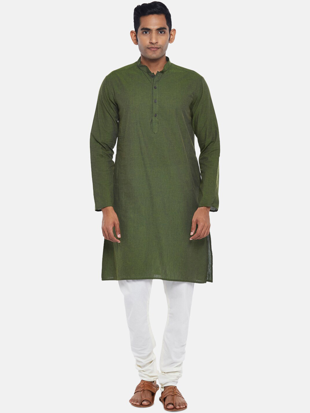 

indus route by Pantaloons Men Olive Green Solid Full Sleeve Kurta