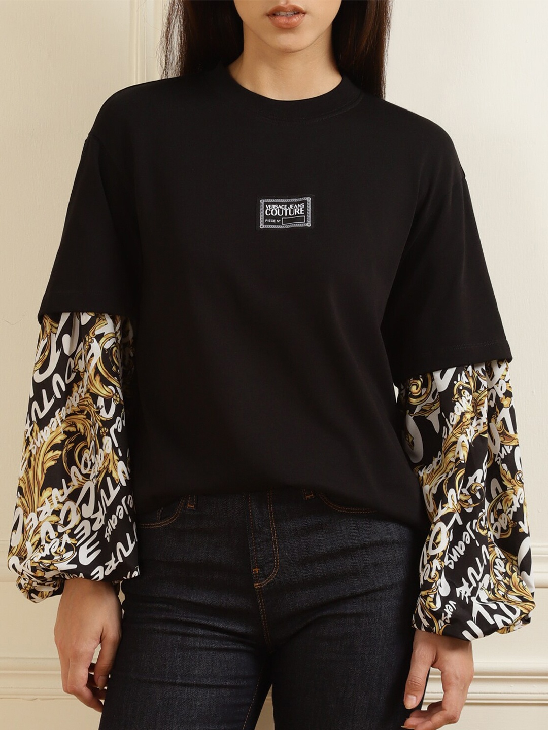 

Versace Jeans Couture Black & Yellow Print Bishop Sleeves Placement Print Top
