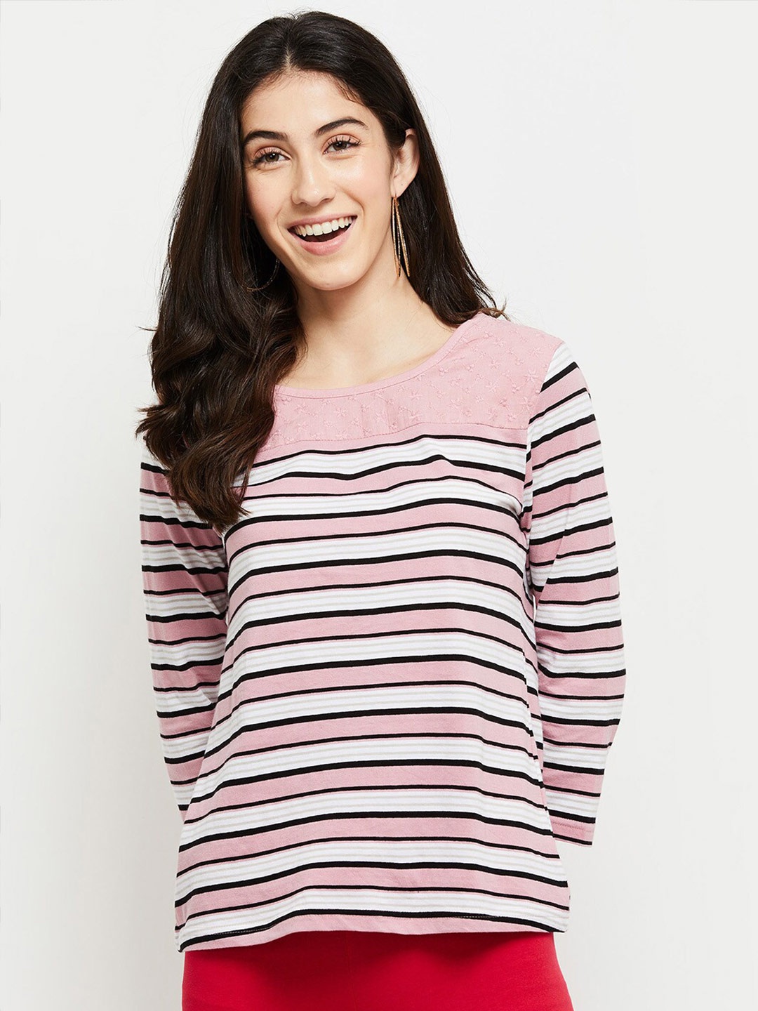 

max Women Pink Striped Pure Cotton T-shirt