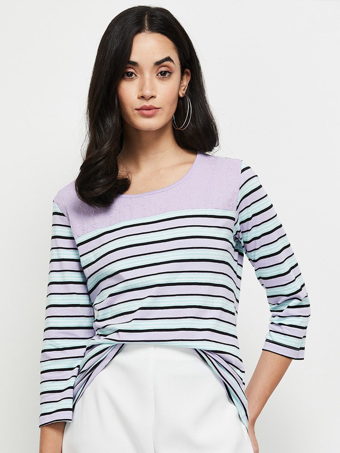 

max Women Purple & Blue Striped Pure Cotton T-shirt