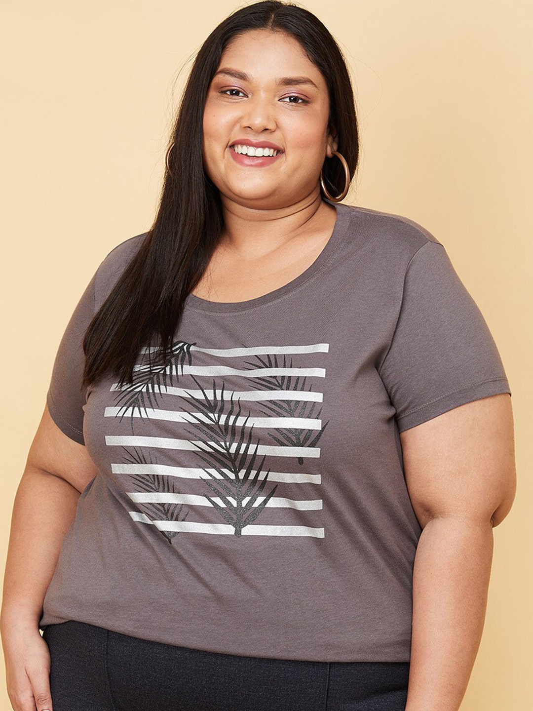 

max Plus Size Women Grey Printed Pure Cotton T-shirt