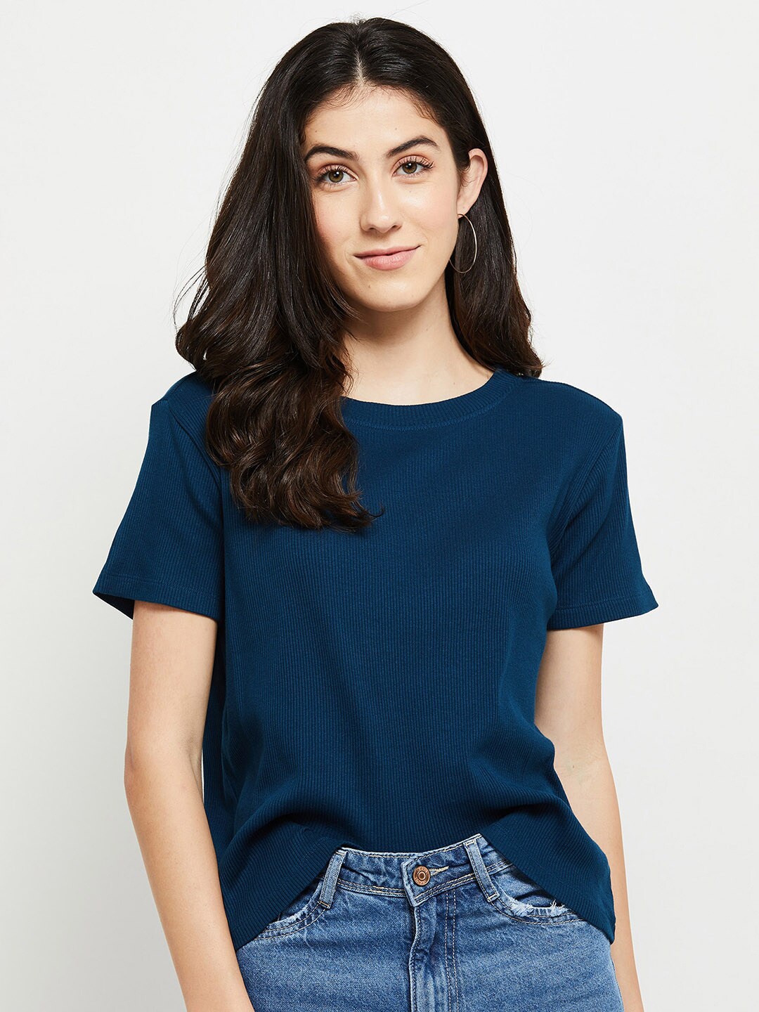 

max Women Teal Drop-Shoulder Sleeves Solid T-shirt