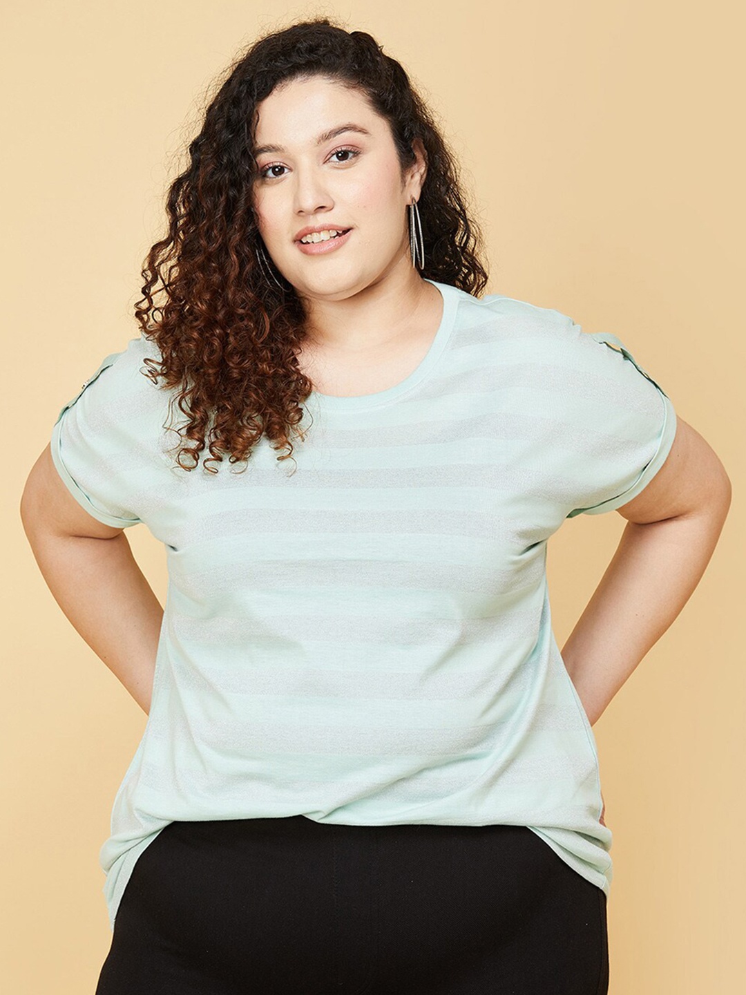 

max Women Plus Size Green Striped Plus Size T-shirt